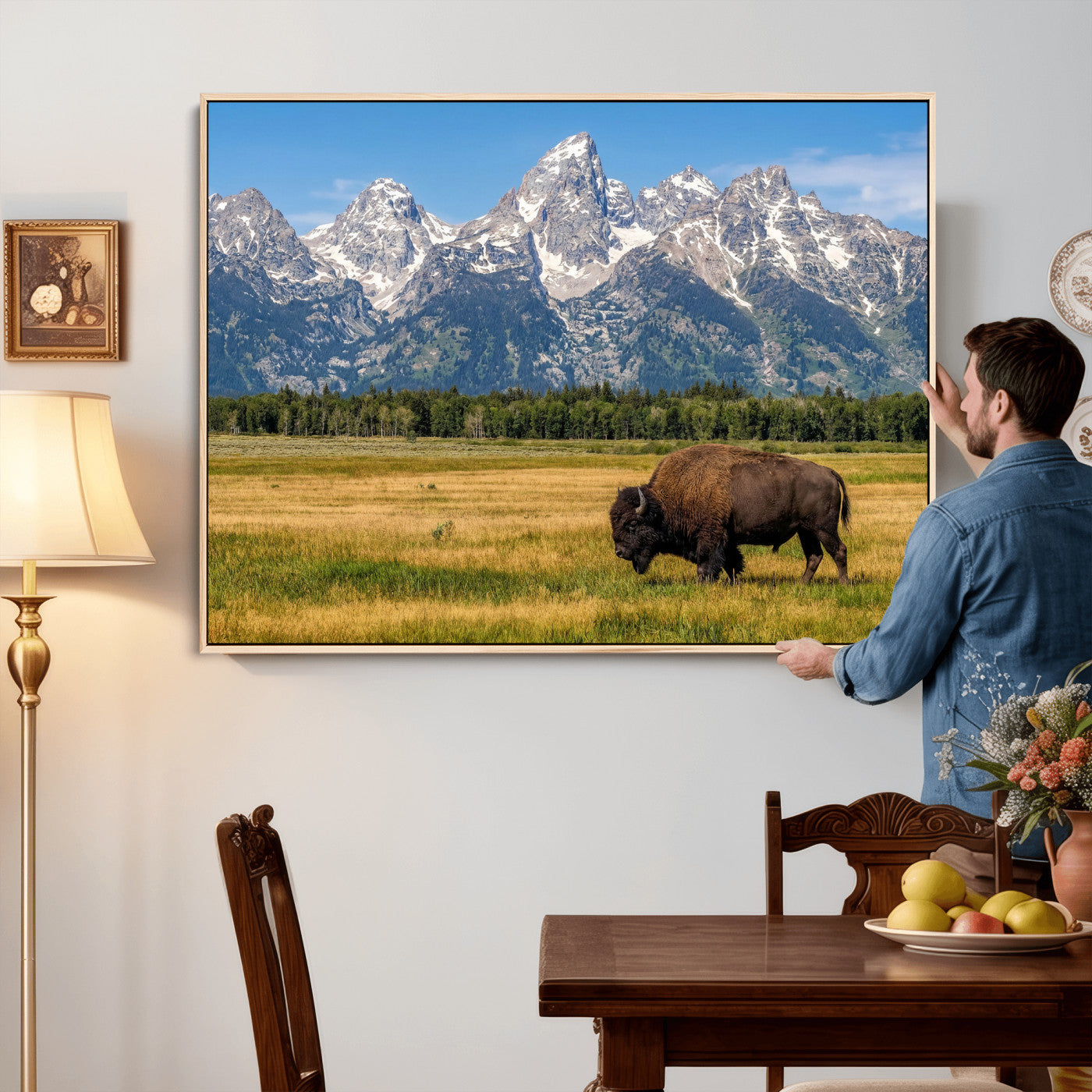 20424529-MGV-CV-36X24 - Bison in Mountain Landscape Wall Art Canvas Print – Western Wildlife Artwork for Rustic Living Room Decor