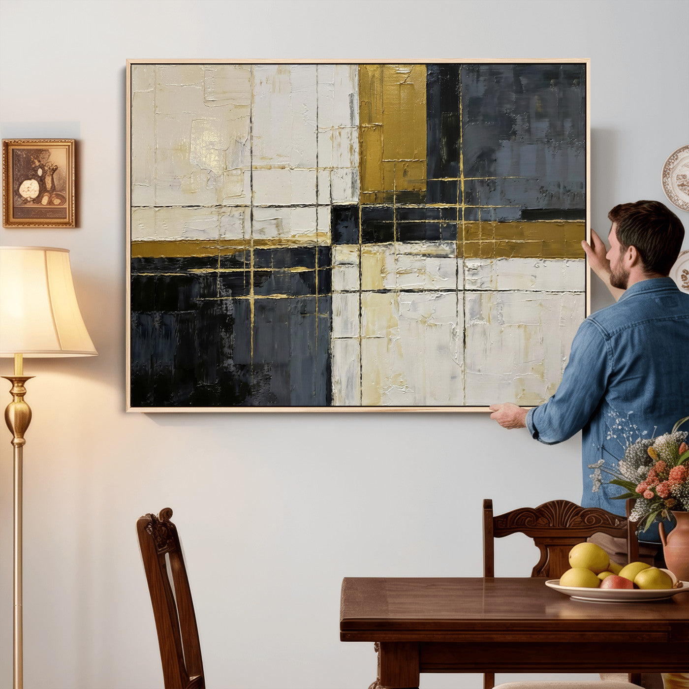 36097945-MGV-CV-36X24 - Abstract Gold and Black Wall Art Canvas Print – Modern Geometric Neutral Artwork for Living Room Decor