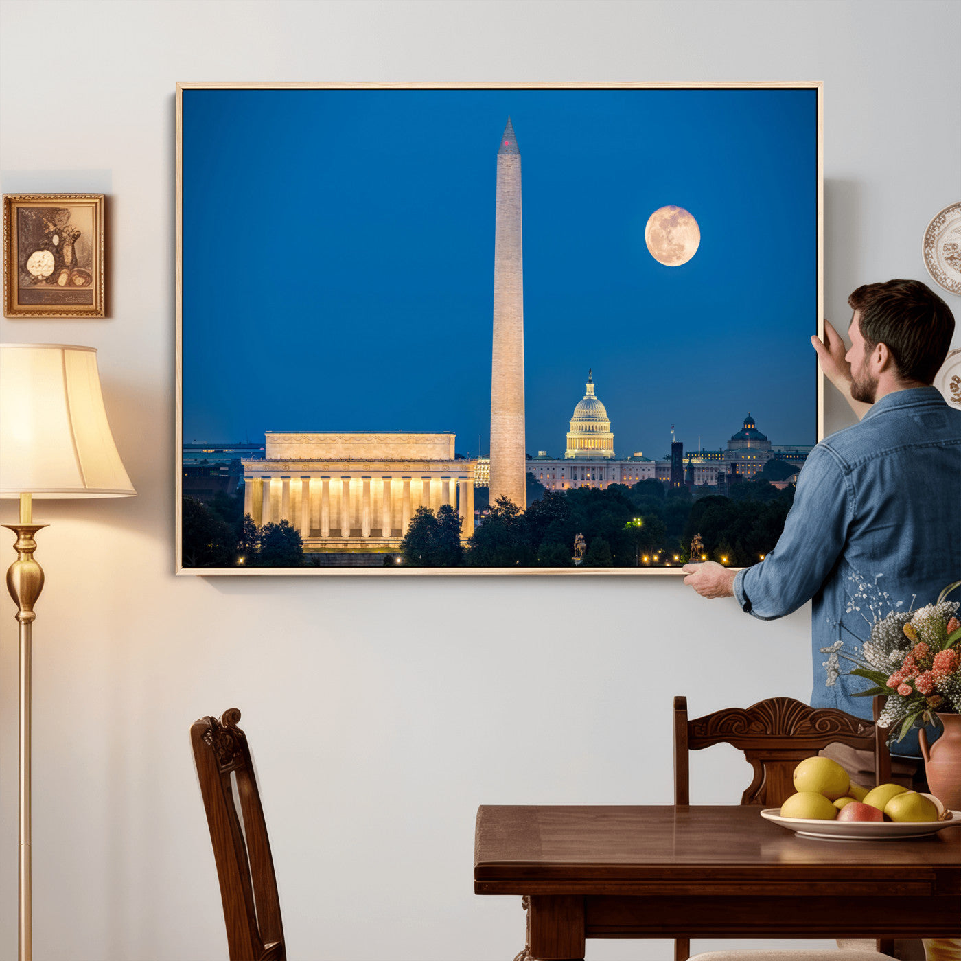 96712946-MGV-CV-36X24 - Washington DC Skyline Wall Art Canvas Print – Lincoln Memorial, Washington Monument and US Capitol Night Cityscape Artwork