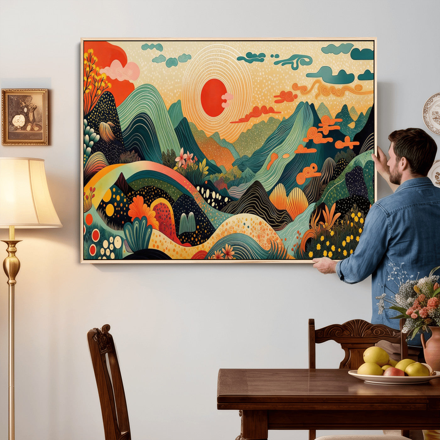 29927191-MGV-CV-36X24 - Yayoi Kusama Boho Mountain Landscape Large Wall Art, Horizontal Gold Framed Canvas Print with Sun and Flowers