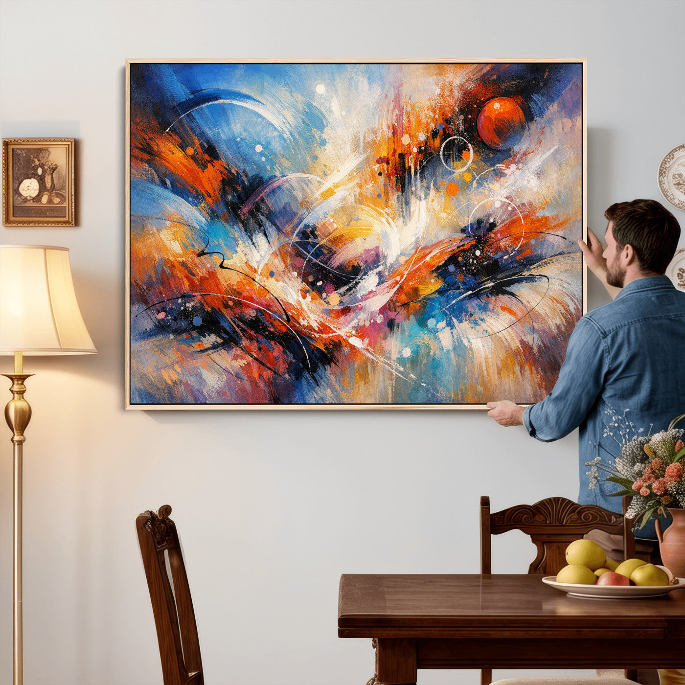47770355-MGV-CV-36X24 - Geometric Abstract Wall Art Canvas Print, Orange Blue Abstract Expressionist Painting Print, Modern Geometric Abstract Canvas Art