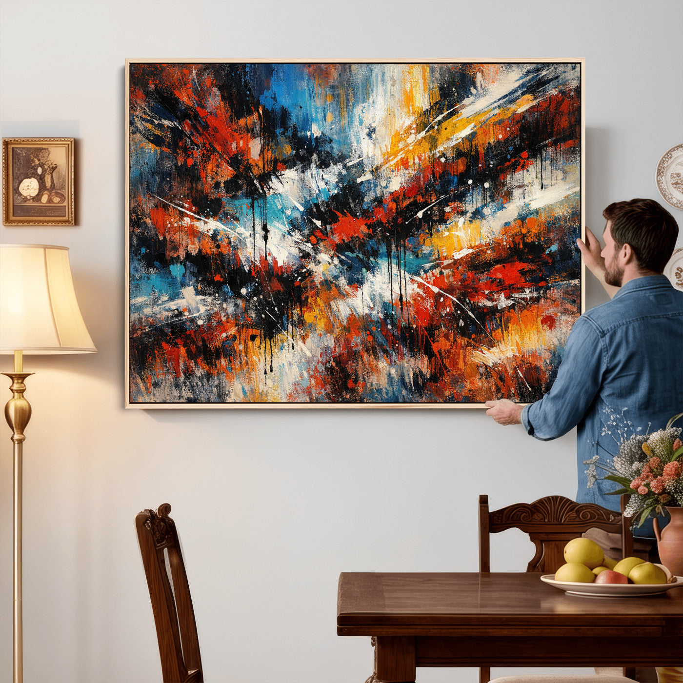 80276069-MGV-CV-36X24 - Geometric Abstract Wall Art Canvas Print, Orange Blue Abstract Expressionist Painting Print, Modern Geometric Abstract Canvas Art