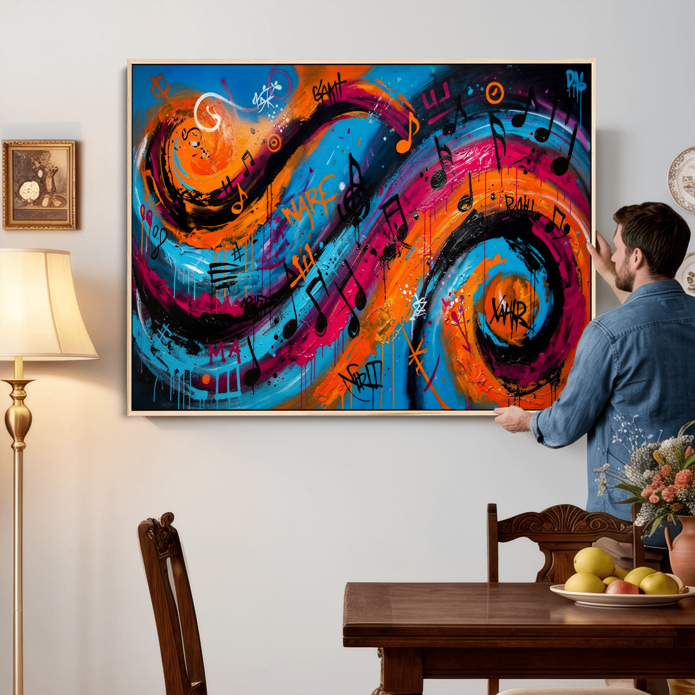 34936518-MGV-CV-36X24 - Geometric Abstract Wall Art Canvas Print, Orange Blue Abstract Expressionist Painting Print, Modern Geometric Abstract Canvas Art