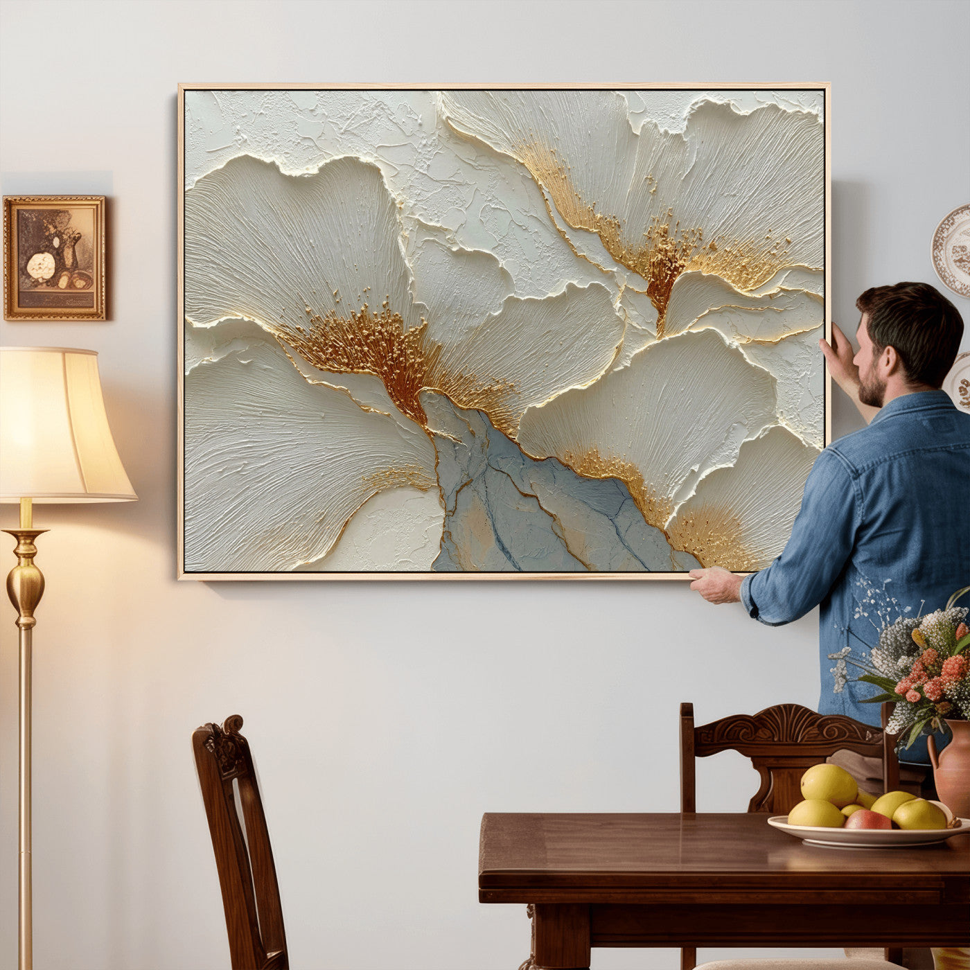 4712069F1-MGV-CV-36X24 - White Gold Floral Canvas Wall Art — Textured Flower Print | Luxury Botanical Decor | Elegant Bedroom Art | Gold Leaf Wall Art Gift