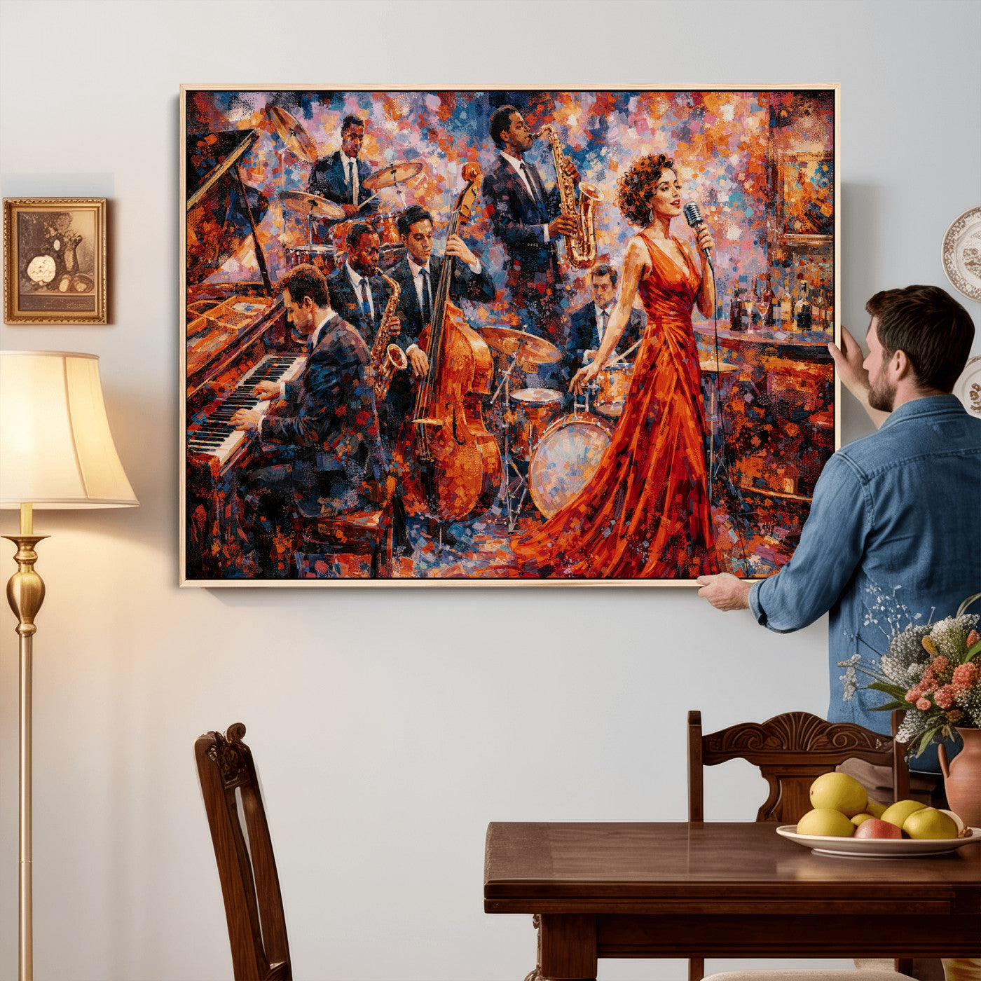 620930SF20-MGV-CV-36X24 - Jazz Band Canvas Wall Art — Jazz Club Singer Saxophone Print | Music Wall Decor | Bar Restaurant Art | Music Lover Gift | Jazz Home Decor