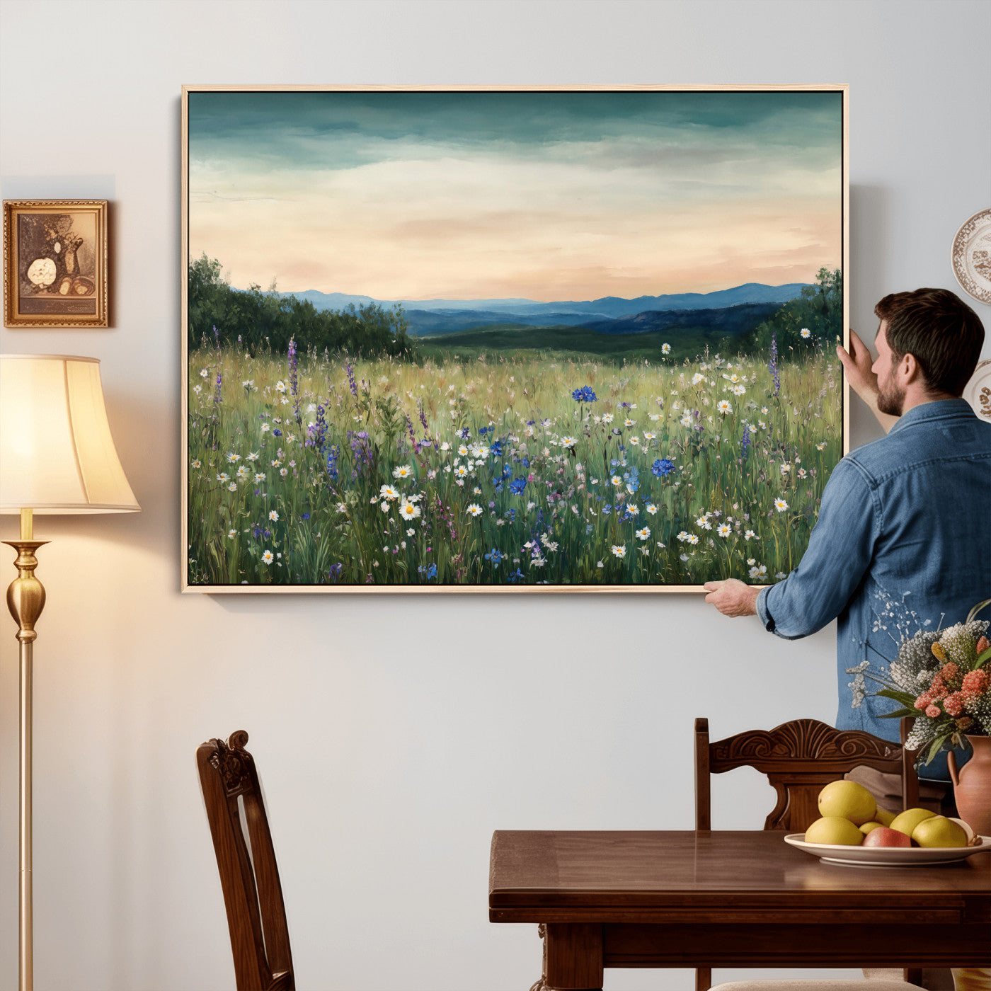 35773805-MGV-CV-36X24 - Wildflower Meadow Oil Painting Canvas — Daisy Lavender Mountain Sunset Print | Cottagecore Floral Wall Art | Bedroom Decor Gift for Her