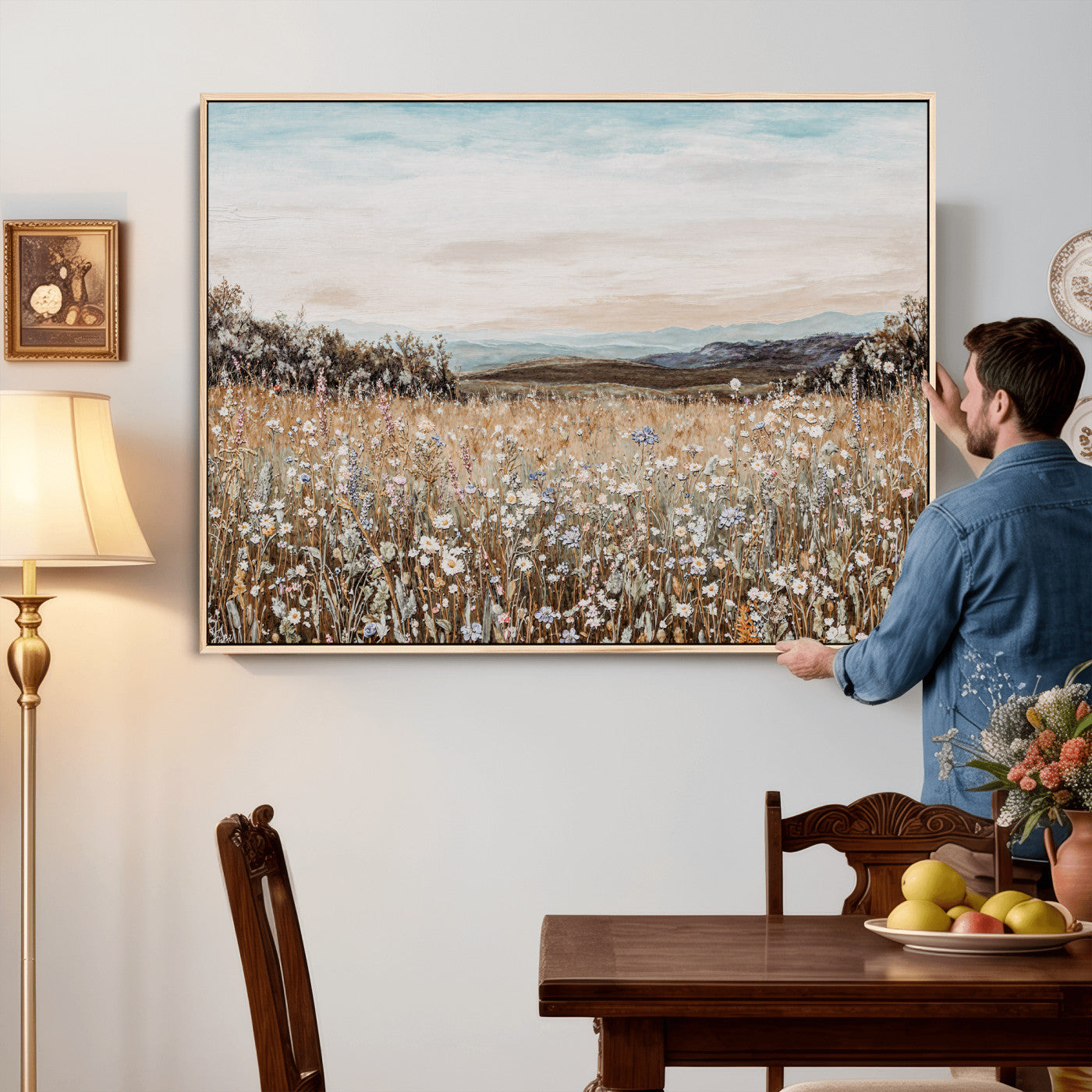 F35773805-MGV-CV-36X24 - Neutral Wildflower Field Canvas Wall Art — Beige Earth Tone Botanical Meadow Print | Farmhouse Boho Decor | Bedroom Living Room Gift Her