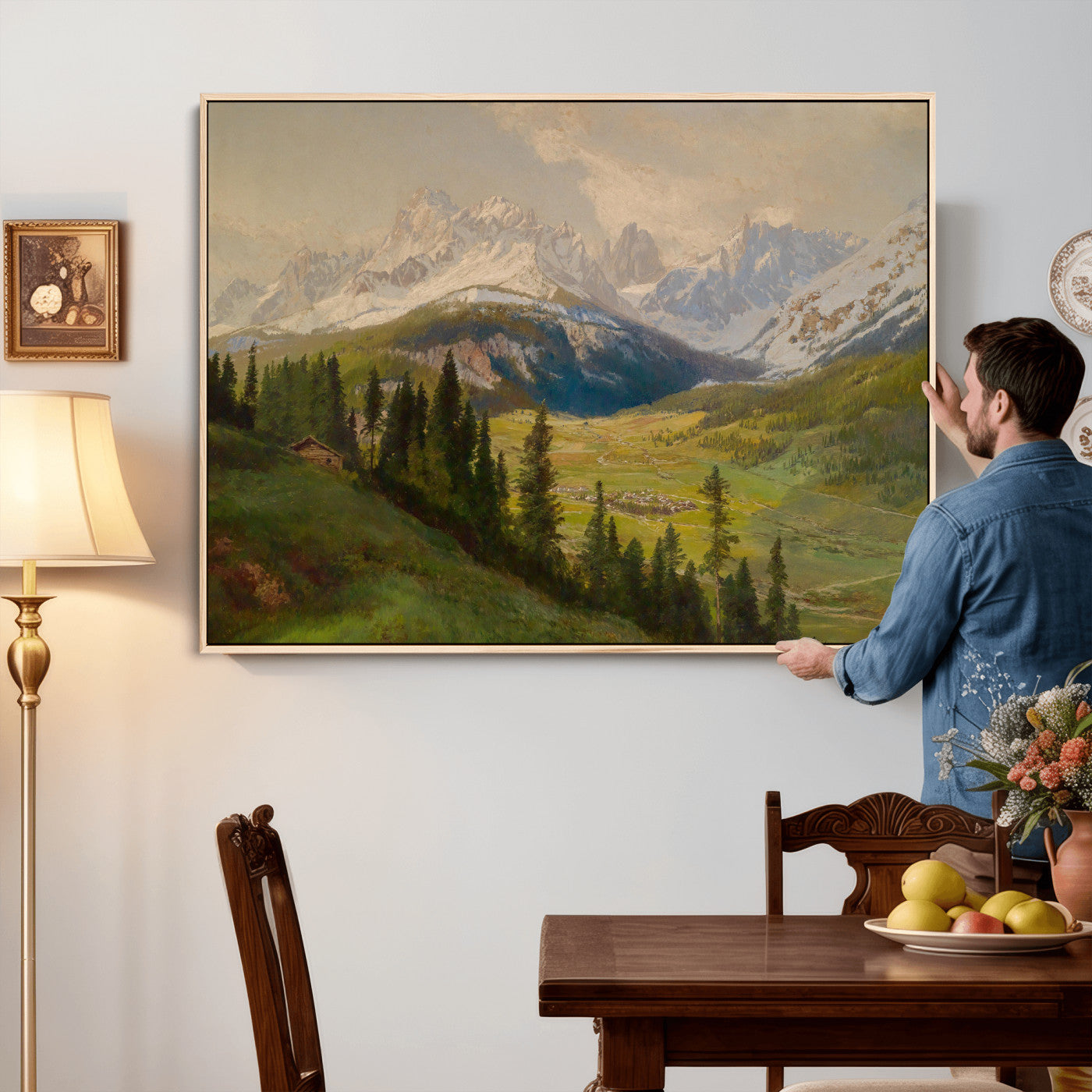 23120262-MGV-CV-36X24 - Konrad Petrides Sexten Village Canvas Print, Alpine Mountain Valley Painting, Dolomites Landscape Art