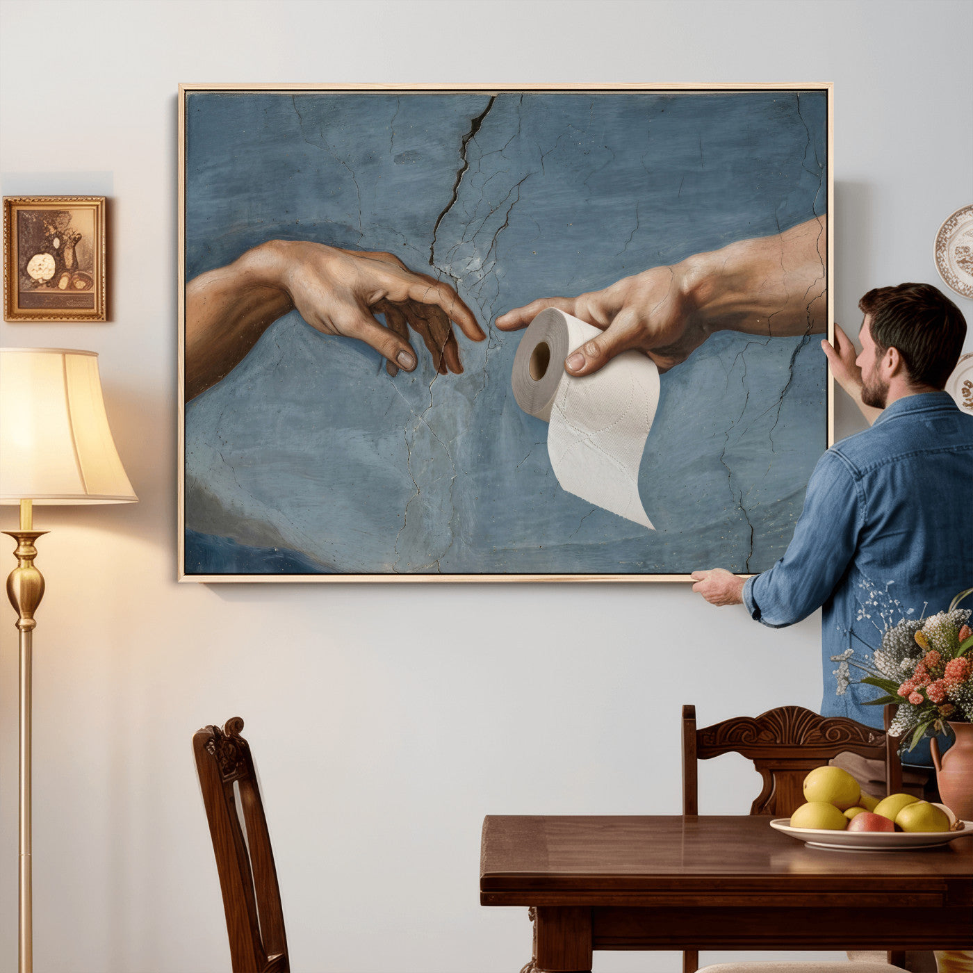 42648143-MGV-CV-36X24 - Funny Bathroom Canvas Wall Art, Michelangelo Creation of Adam Toilet Paper Parody, Renaissance Humor Print, Quirky Housewarming Gift, Toilet Room Decor