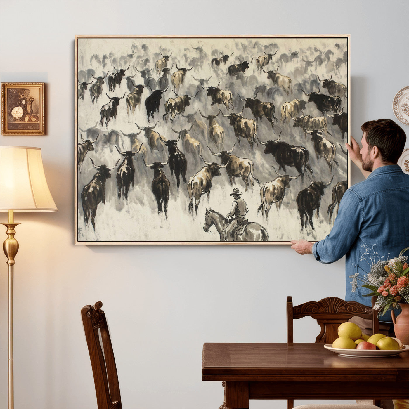 48049876-MGV-CV-36X24 - Cowboy Cattle Drive Canvas Wall Art, Western Longhorn Herd Ink Painting Print, Ranch Rodeo Decor, Black White Western Art, Large Living Room Art