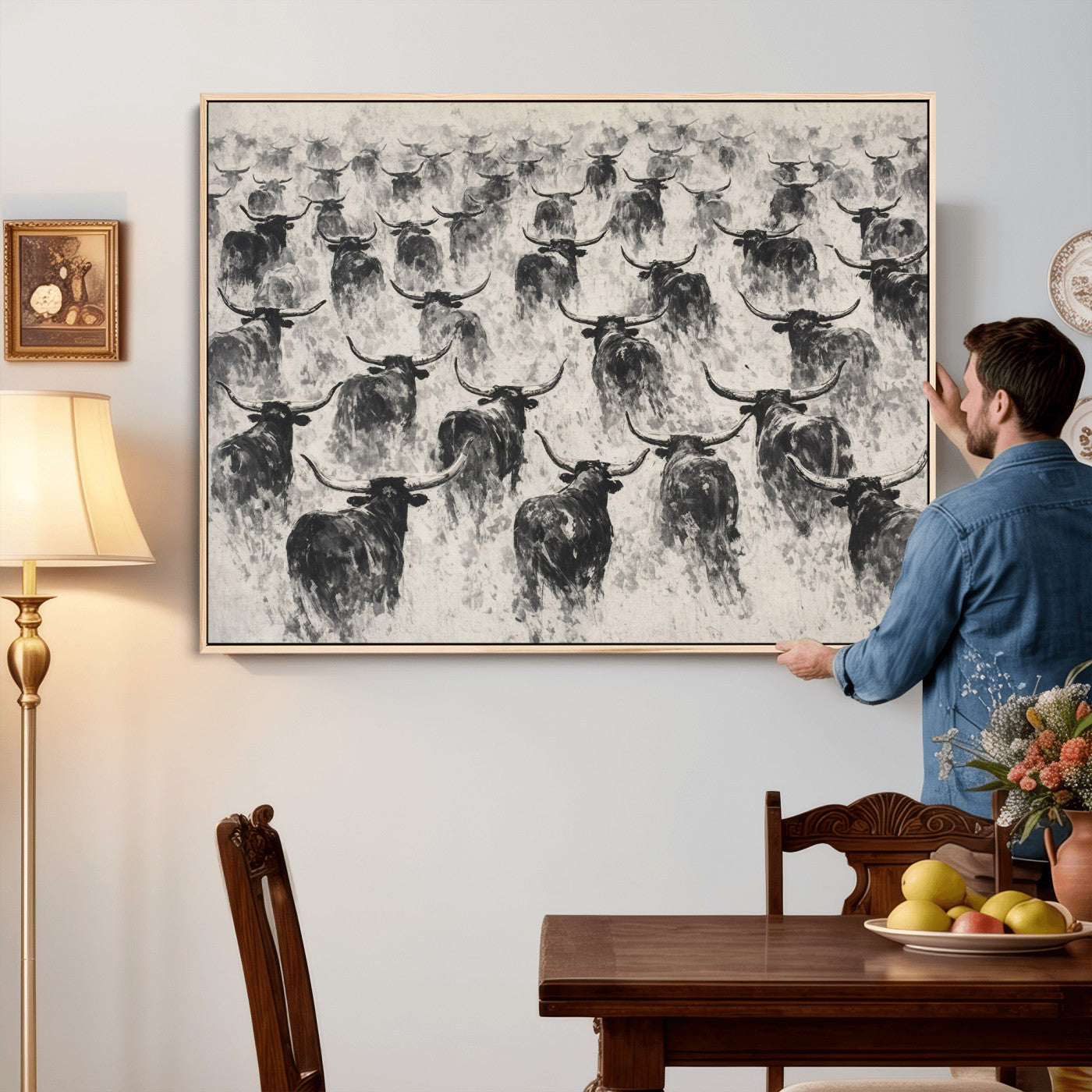 73328525-MGV-CV-36X24 - Texas Longhorn Drawing Canvas Wall Art, Western Cattle Stampede Painting Print, Warm Amber Ranch Decor, Rustic Cowboy Home Art, Large Living Room Decor