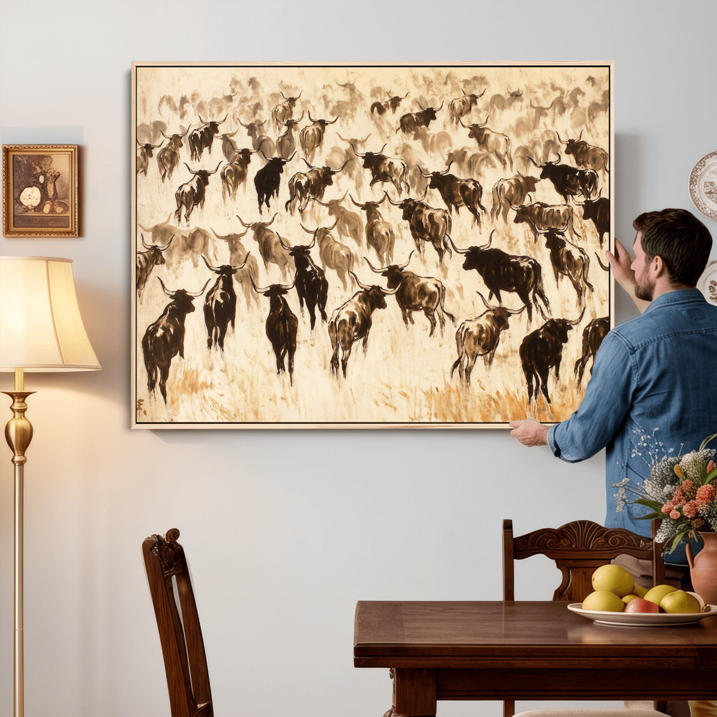 39077774-MGV-CV-36X24 - Texas Longhorn Sepia Canvas Wall Art, Western Cattle Stampede Painting Print, Warm Amber Ranch Decor, Rustic Cowboy Home Art, Large Living Room Decor