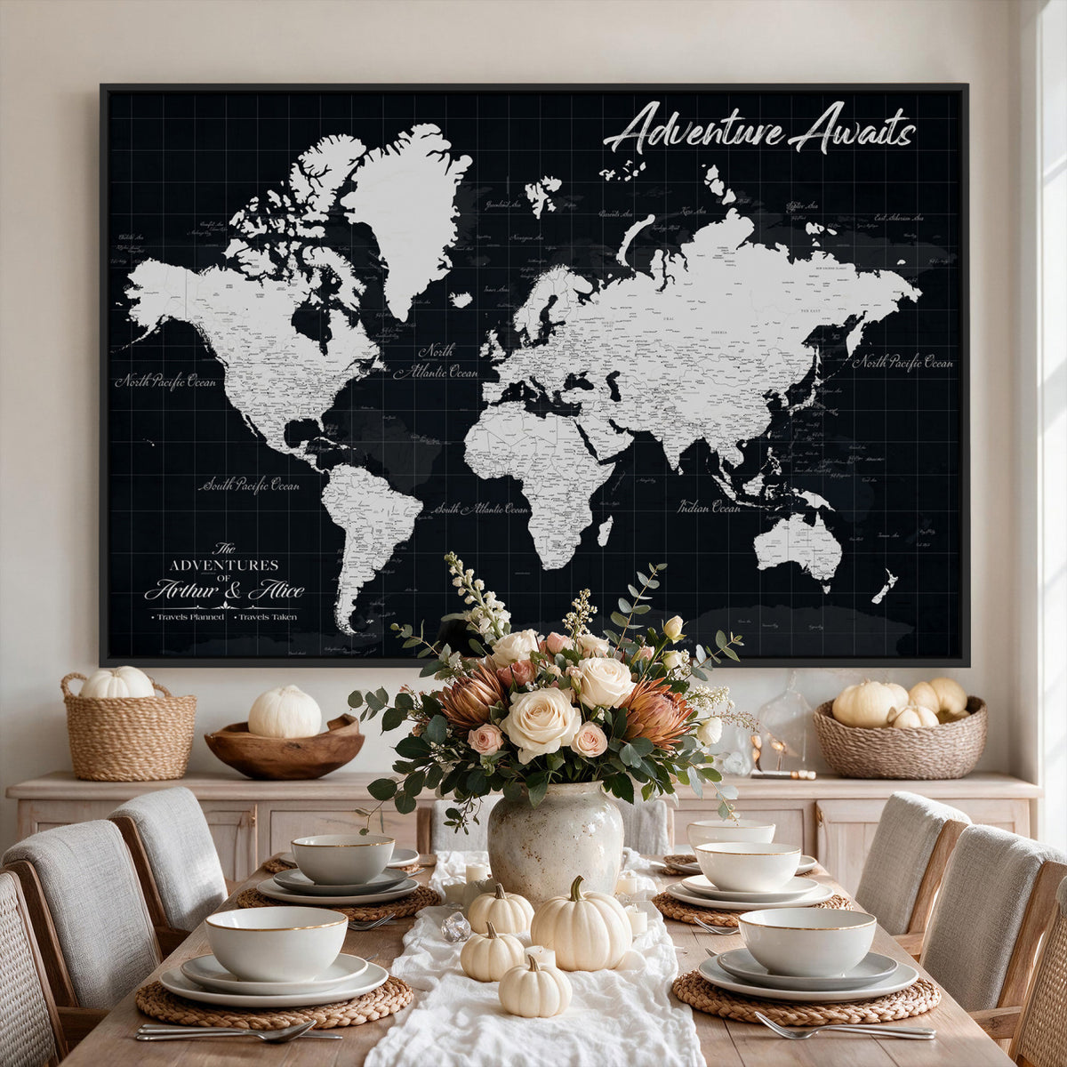 19855445B-MGV-CV-36X24 - Personalized Black Push Pin Travel Map Canvas Print, Couples Countries Visited Map, Entryway and Hallway Decor