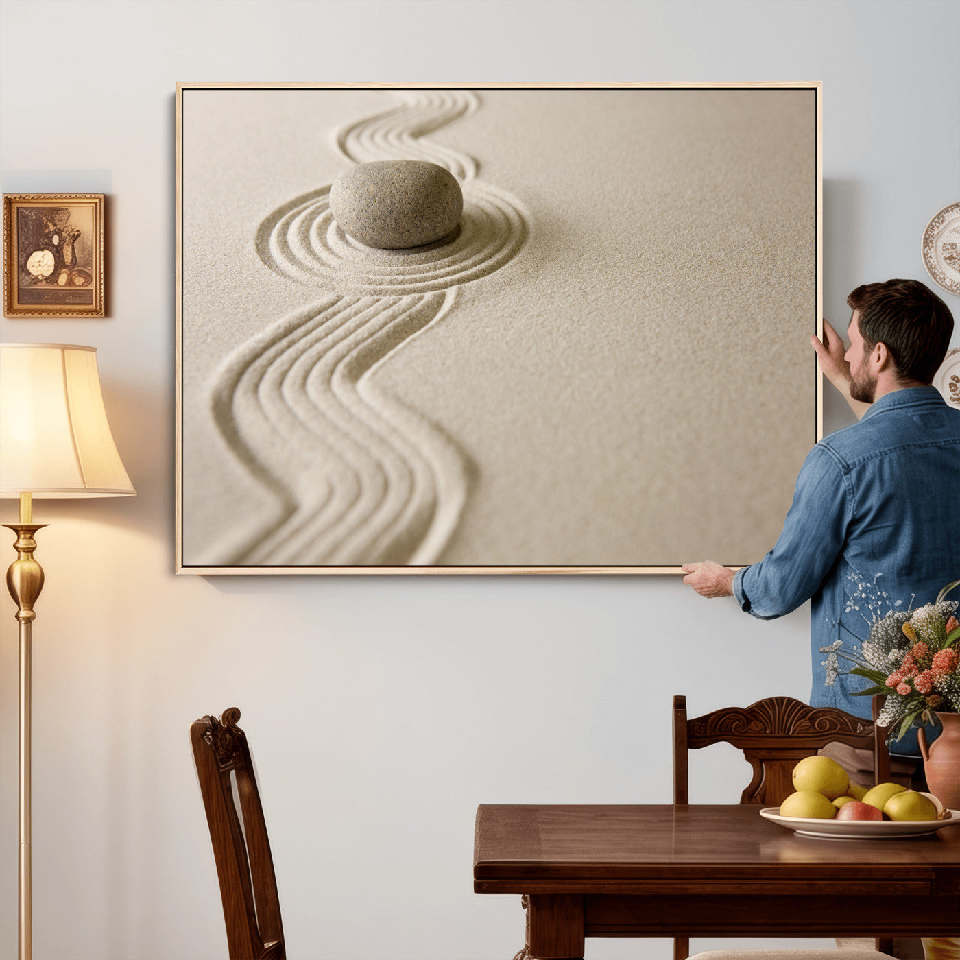 66852661-MGV-CV-36X24 - Zen Garden Stone Sand Canvas | Japanese Rock Garden Wall Art | Minimalist Meditation Print | Neutral Beige Mindfulness Decor