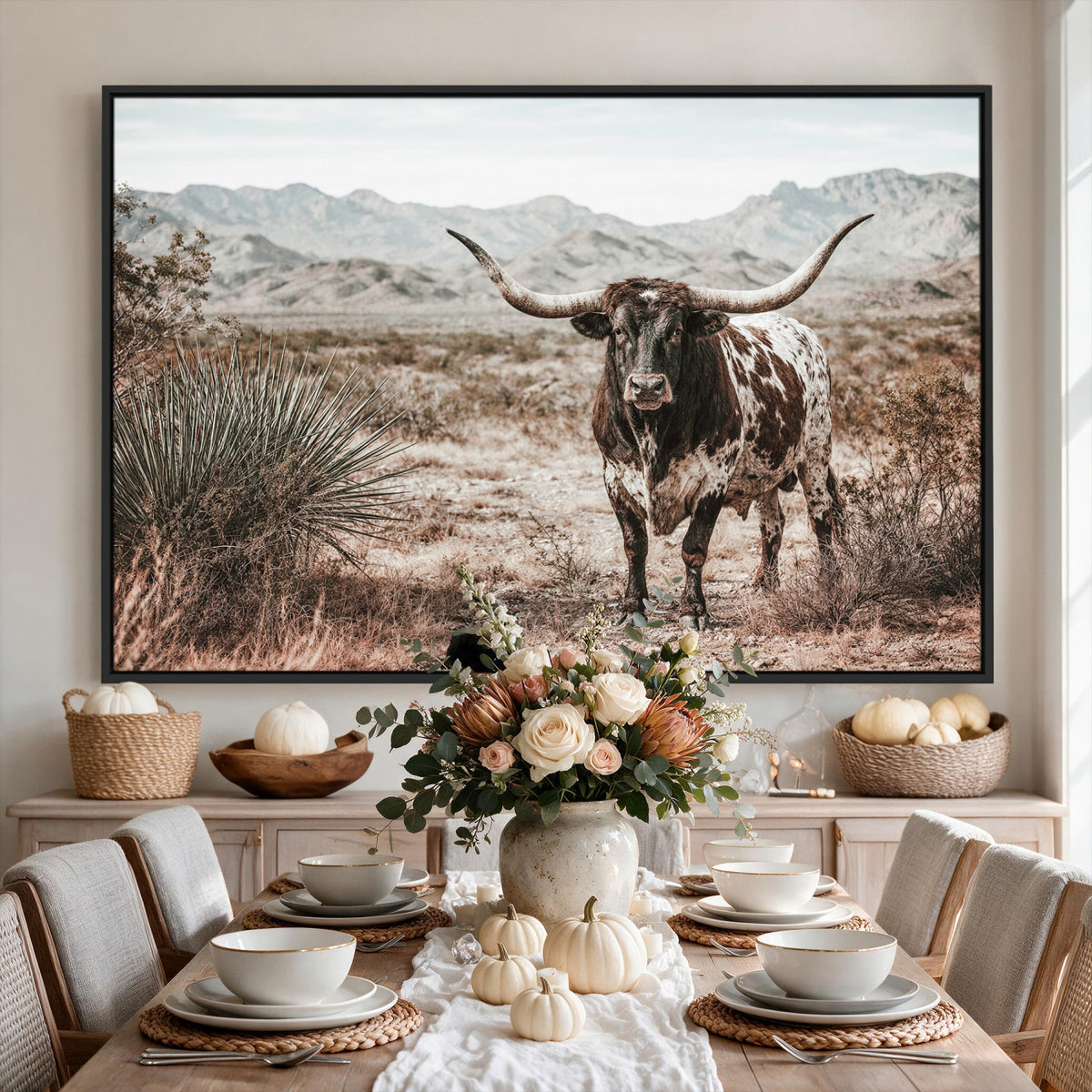 17622011H-MGV-CV-36X24 - Texas Longhorn Bull Wall Art Canvas Print, Western Farmhouse Cowboy Decor, Rustic Texas Ranch Cattle Artwork for Living Room Bedroom Office, Framed Wall Decor