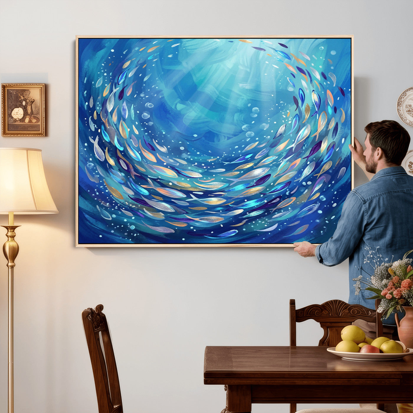 78699899-MGV-CV-36X24 - School of Fish Canvas Print | Blue Ocean Underwater Wall Art | Swirling Fish Shoal Illustration | Marine Navy Coastal Decor