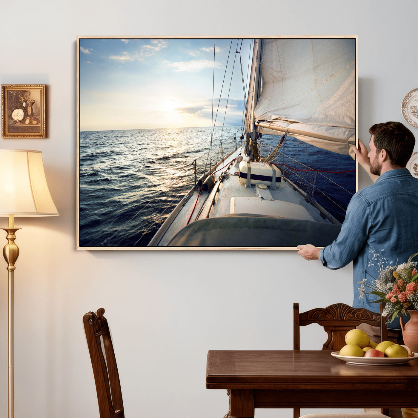 76381335-MGV-CV-36X24 - Sailboat Wall Art Canvas Print, Ocean Sunset Sailing Framed Artwork, Coastal Nautical Seascape Decor for Living Room Office Beach House