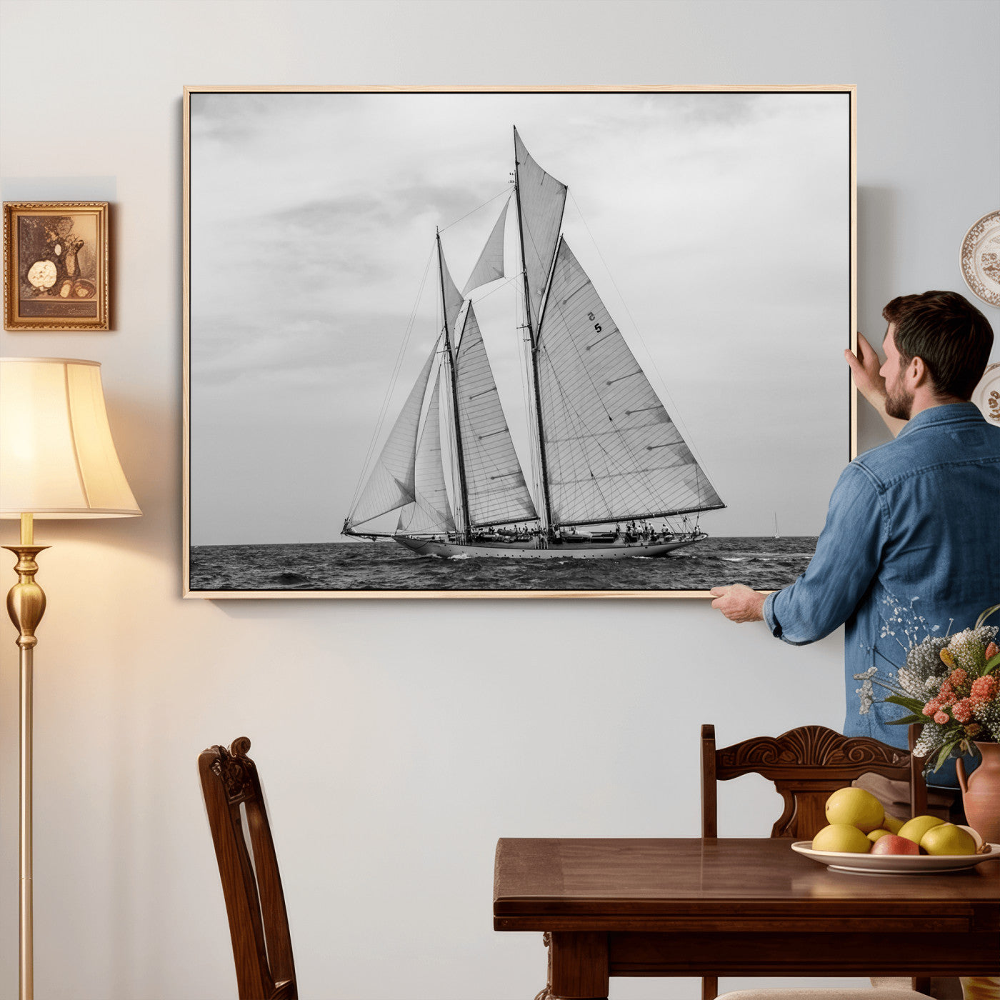 52882918-MGV-CV-36X24 - Vintage Sailboat Wall Art Canvas Print, Black and White Schooner Framed Artwork, Nautical Ocean Sailing Decor for Living Room Office Beach House