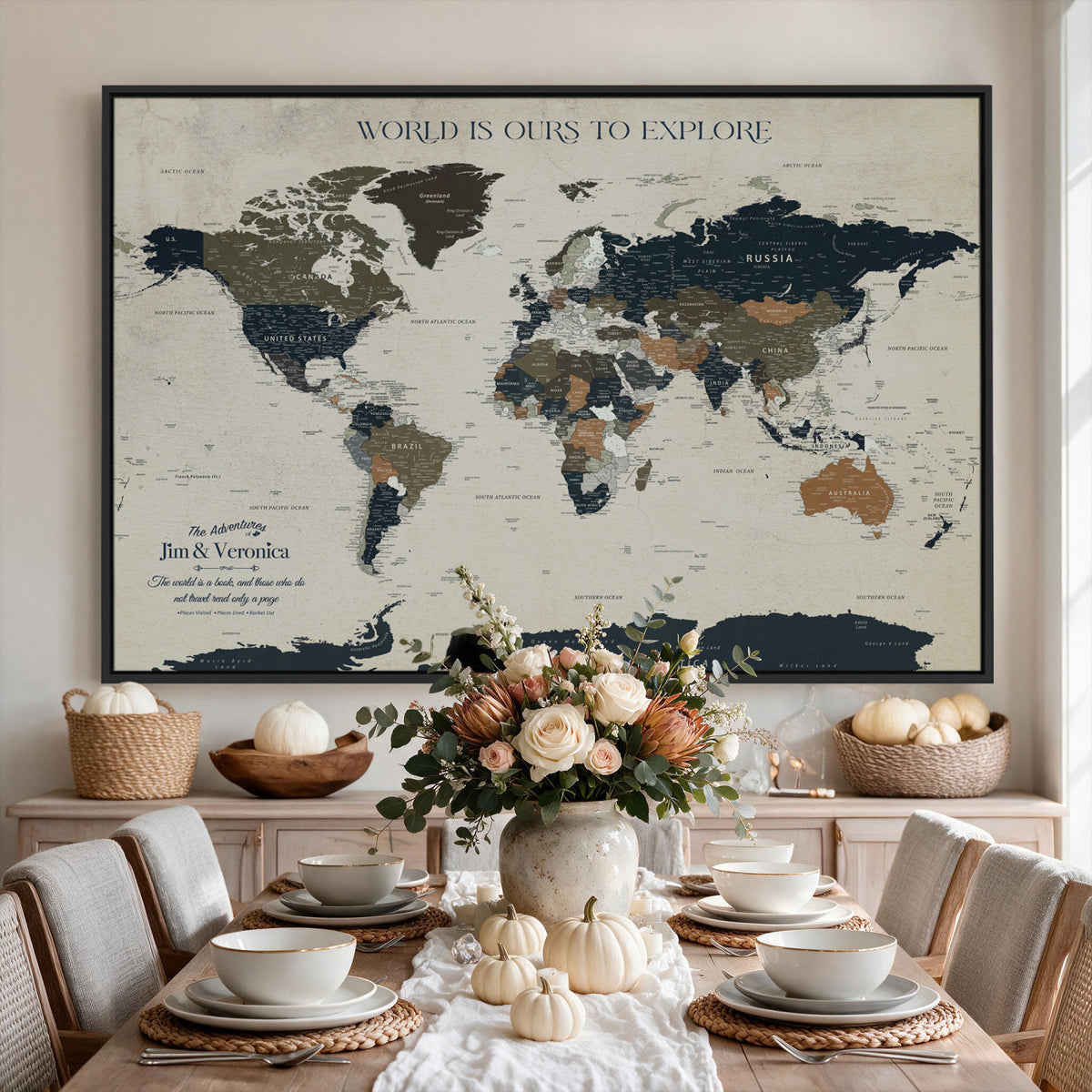 64110391126C-MGV-CV-36X24 - Custom Push Pin World Map Wall Art Canvas Print | Personalized Travel Tracker
