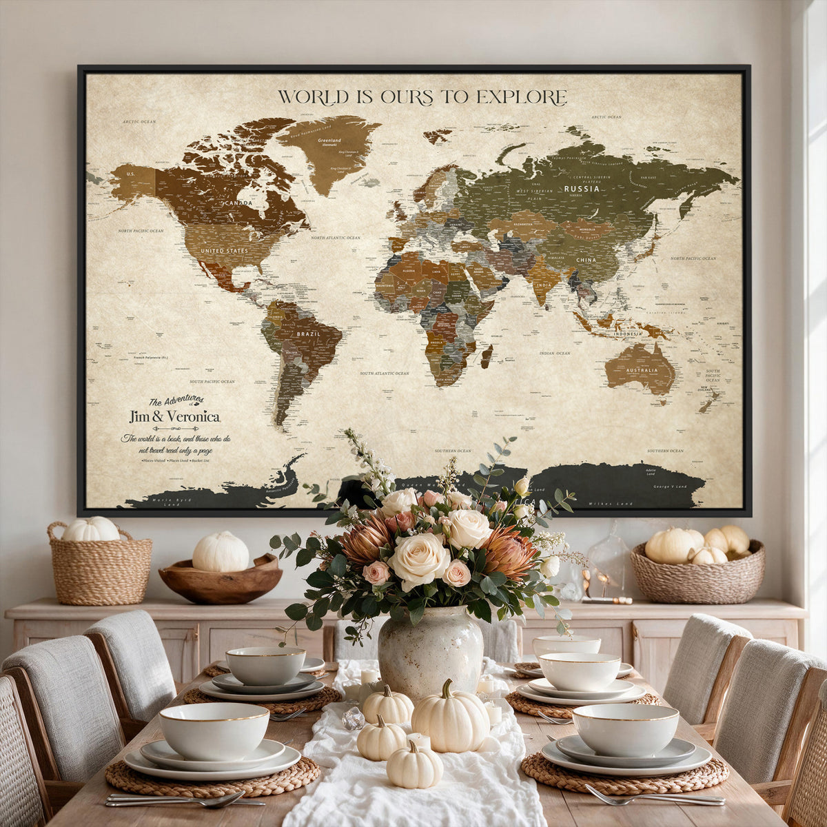 64110391126O-MGV-CV-36X24 - Custom Push Pin World Map Wall Art Canvas Print | Travel Tracker With Pins