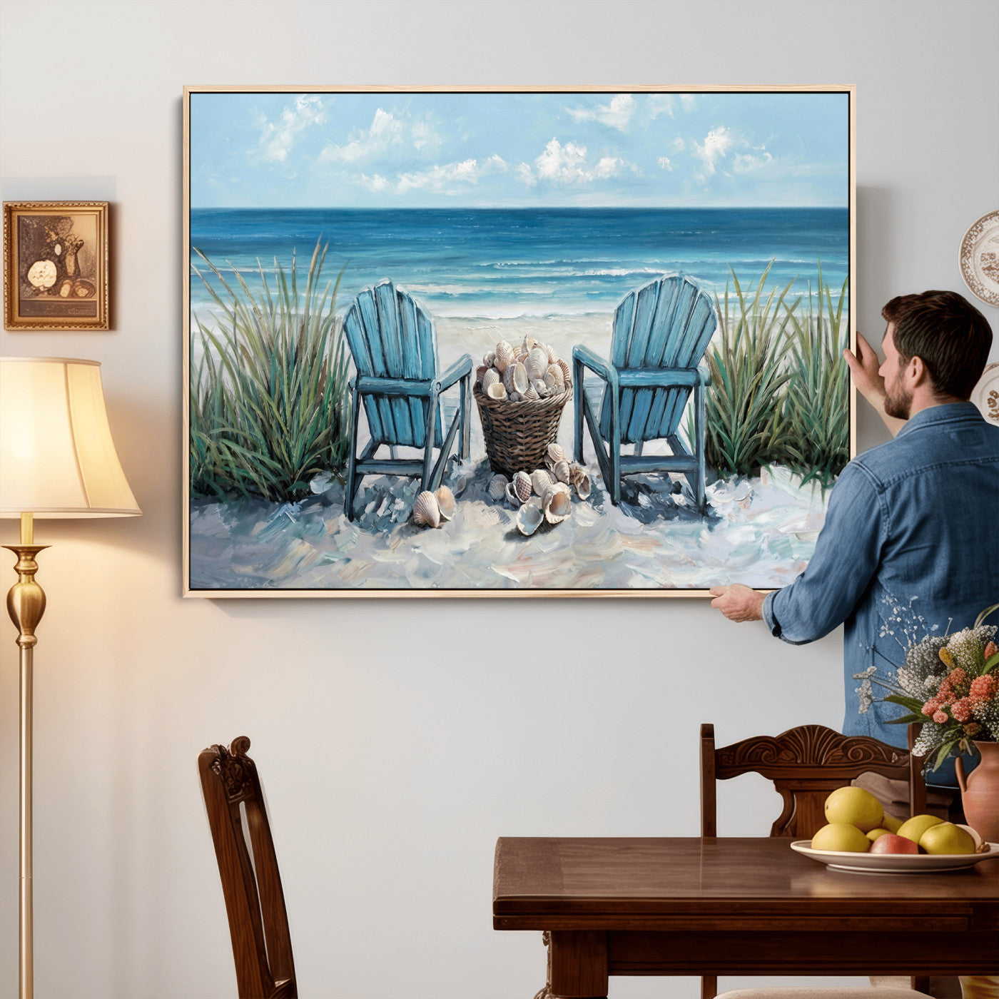 11973028-MGV-CV-36X24 - Beach Canvas Wall Art Coastal Adirondack Chairs Ocean Seashells Blue Nautical Framed Large for Living Room Bedroom Bathroom Decor