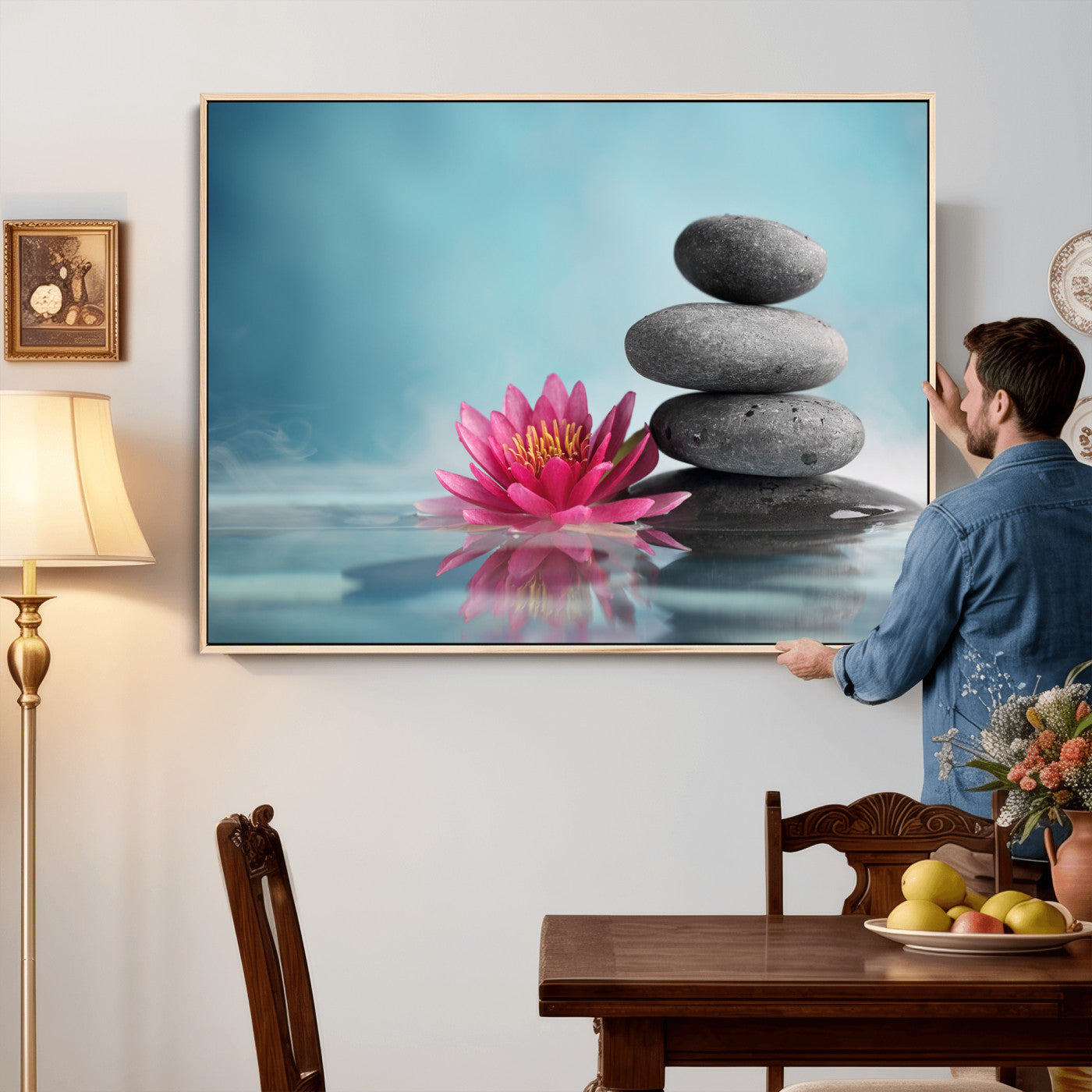 84293154-MGV-CV-36X24 - Zen Canvas Wall Art Lotus Flower Stacked Stones Teal Spa Meditation Relaxation Framed Large for Bathroom Bedroom Living Room Office Decor