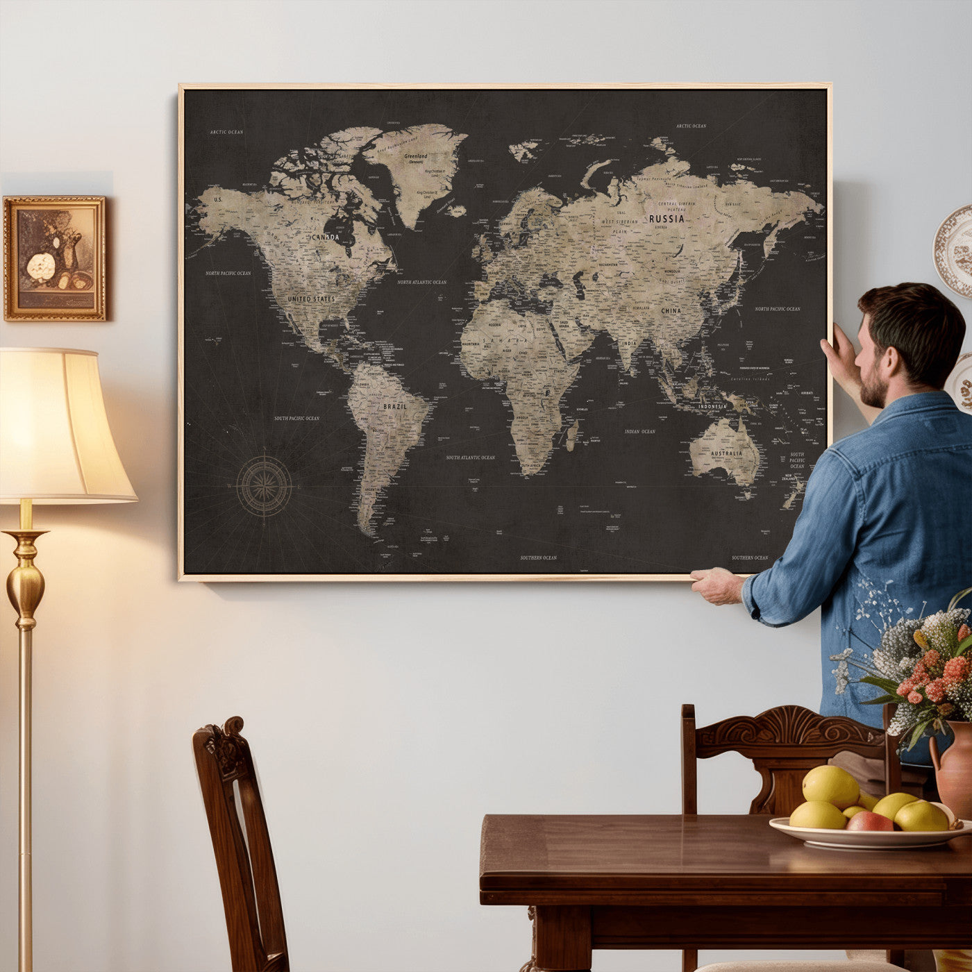 56556018136-MGV-CV-36X24 - World Map Canvas Wall Art Dark Charcoal Antique Tan Detailed Every Country Labeled Framed Large for Home Office Living Room Bedroom Decor