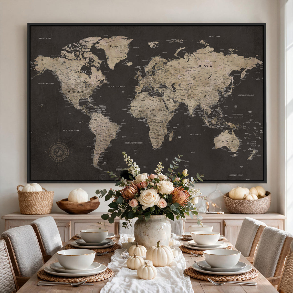 56556018136-MGV-CV-36X24 - World Map Canvas Wall Art Dark Charcoal Antique Tan Detailed