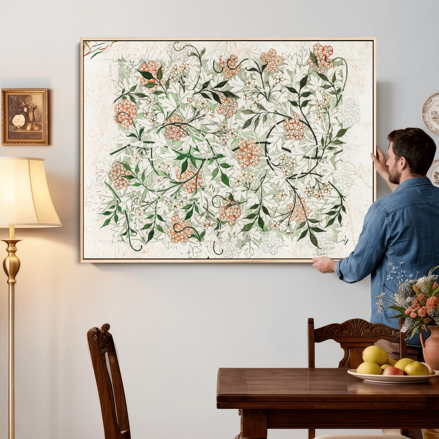 17622011W-MGV-CV-36X24 - William Morris Jasmine Flower Wall Art Canvas Print, Botanical Floral Canvas Print, Vintage Cottagecore Wall Decor, Framed Nature Artwork Ready to Hang