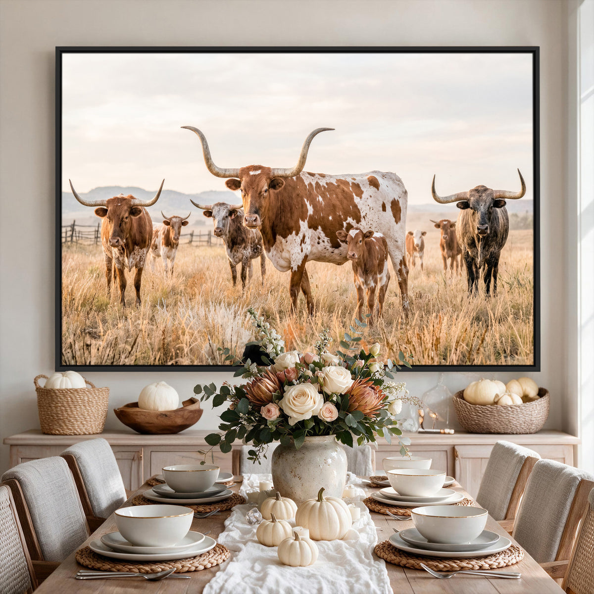 62336425AC-MGV-CV-36X24 - Texas Longhorn Canvas Wall Art, Rustic Farm Animal Photography Print, Farmhouse Country Decor, Western Ranch Art