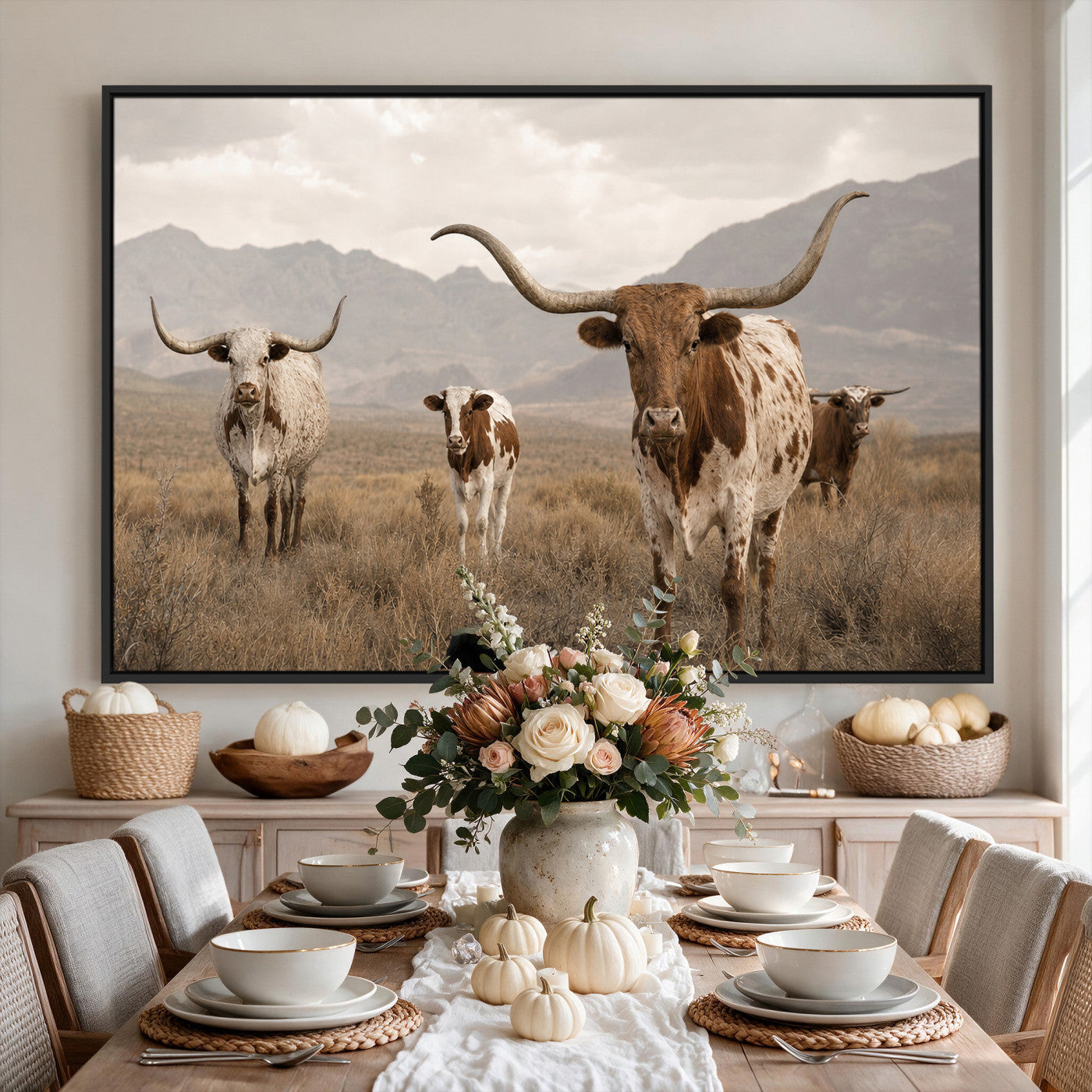 62336425AD-MGV-CV-36X24 - Rustic Texas Longhorn Cow Canvas Wall Art Print, Rustic Farm Animal Photography Print, Farmhouse Country Decor, Western Ranch Art