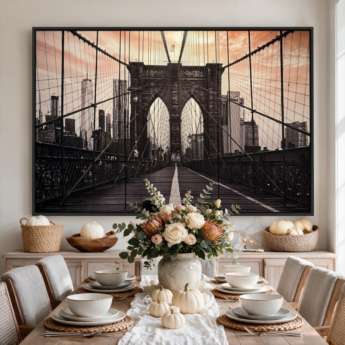 93226664-MGV-CV-36X24 - Brooklyn Bridge Canvas Wall Art, New York City Skyline Photography Print, NYC Landmark Urban Decor Artwork