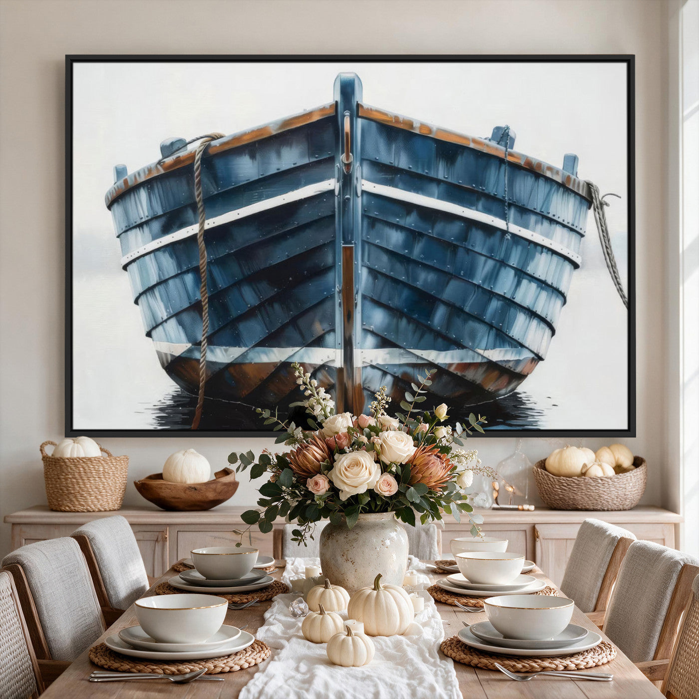 21601740-MGV-CV-36X24 - Blue Wooden Rowboat Canvas Wall Art, Coastal Nautical Boat Painting Print for Lake Beach House Decor, Minimalist Maritime Decor Artwork