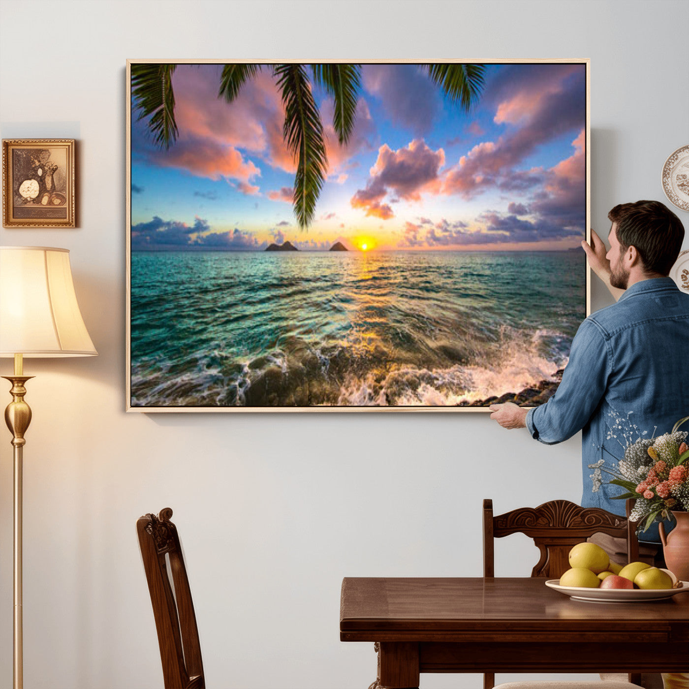 13207742-MGV-CV-36X24 - Hawaii Beach Sunset Canvas Wall Art Print, Tropical Ocean Landscape Artwork, Palm Tree Coastal Decor for Living Room Bedroom