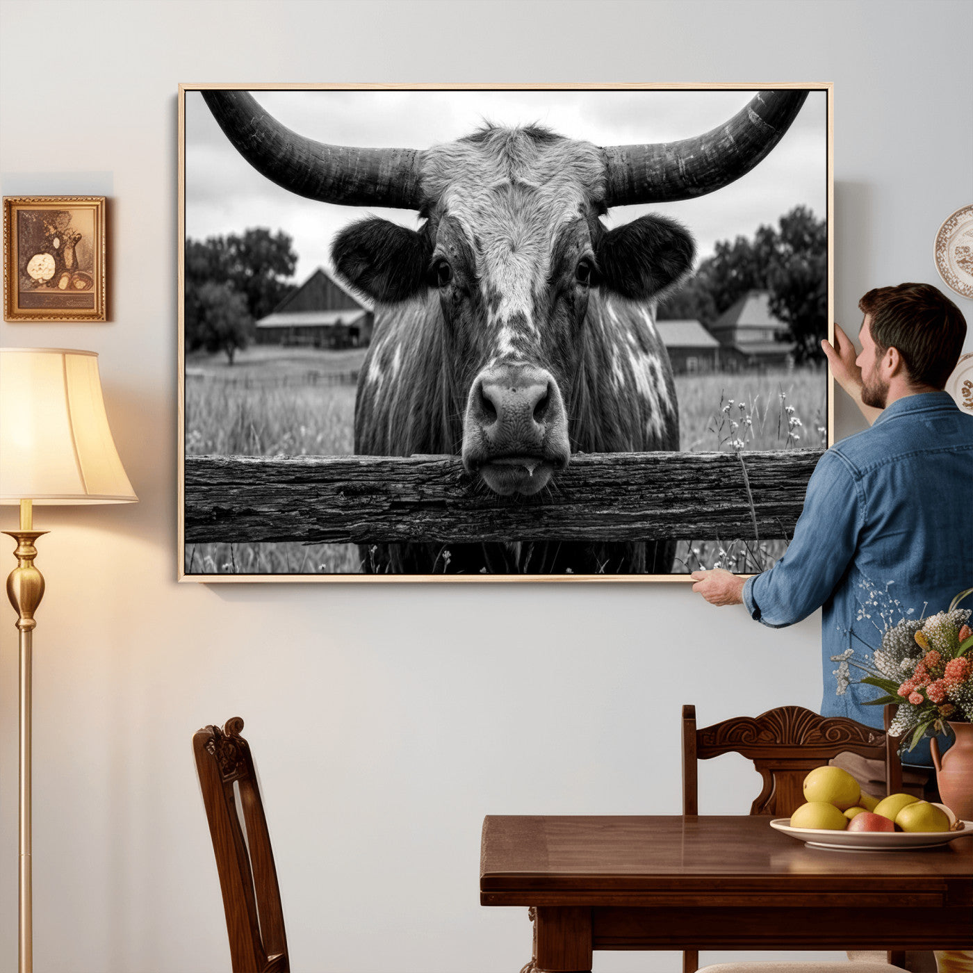 59378683B-MGV-CV-36X24 - Black White Texas Longhorn Bull Canvas Wall Art, Western Ranch Cattle Photography Print, Rustic Farmhouse Cowboy Decor Artwork