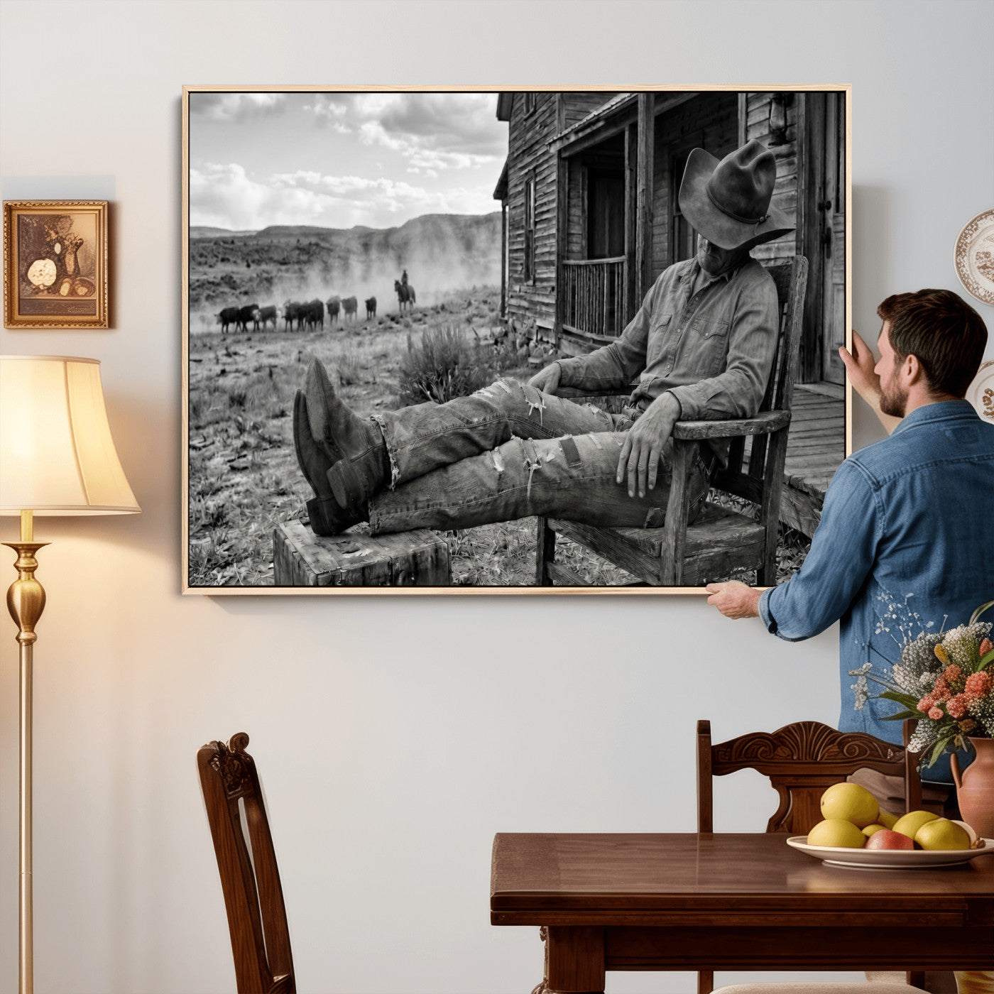 94461975S-MGV-CV-36X24 - Vintage Sleeping Cowboy Wall Art Canvas Print, Western Home Decor