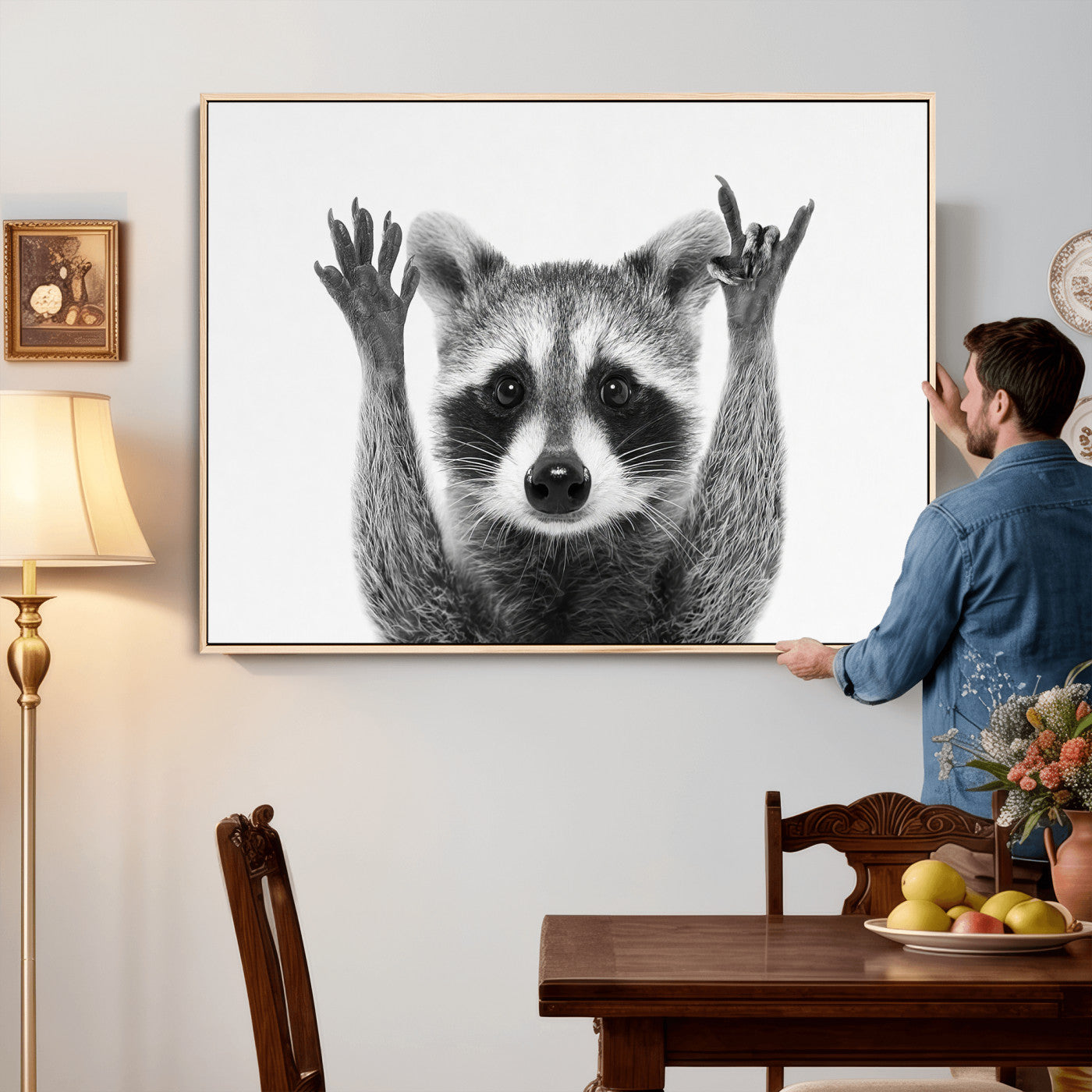 82392228-MGV-CV-36X24 - Funny Raccoon Canvas Wall Art, Black White Hands Up Animal Photo Print, Humorous Wildlife Decor, Kids Room Nursery Art, Quirky Animal Gift