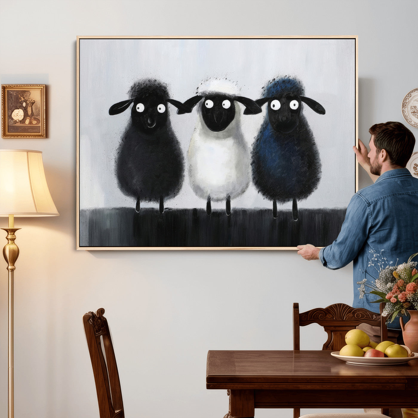 45650028-MGV-CV-36X24 - Funny Sheep Canvas Wall Art, Three Quirky Sheep Painting Print, Cute Animal Nursery Decor, Black White Navy Farmhouse Art, Kids Room Gift