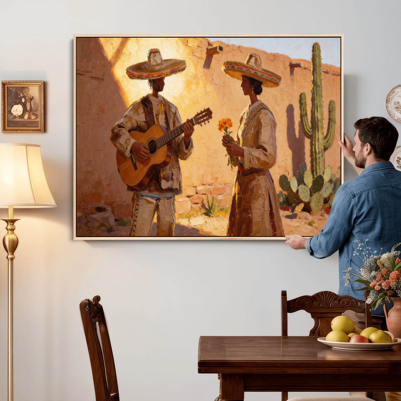41849005-MGV-CV-36X24 - Mexican Couple Canvas Wall Art, Romantic Serenade Guitar Painting Print, Southwestern Desert Adobe Decor, Warm Golden Folk Art, Living Room Art