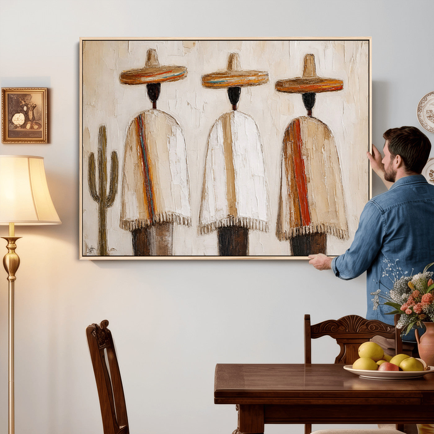72884785-MGV-CV-36X24 - Mexican Folk Art Canvas Wall Art, Southwestern Sombrero Poncho Painting, Neutral Earthy Boho Decor, Fiesta Living Room Art, Impasto Style Print