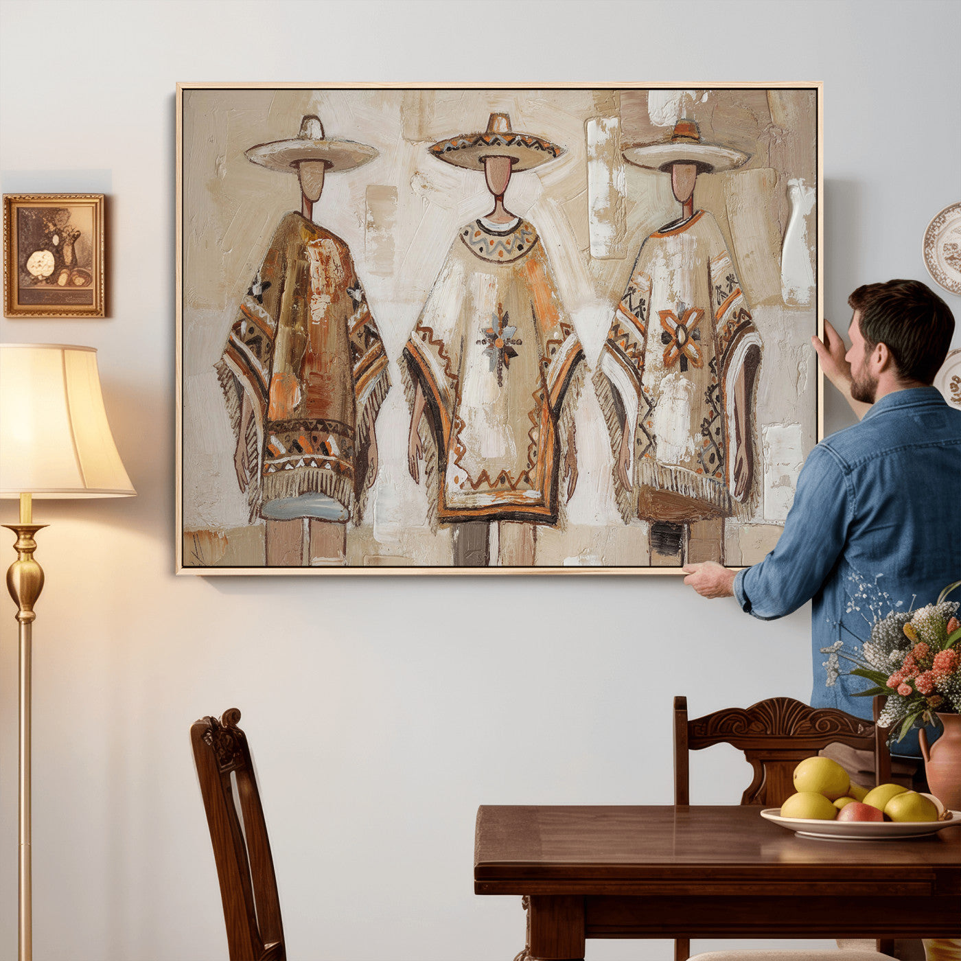85373290-MGV-CV-36X24 - Mexican Folk Art Canvas Wall Art, Charro Poncho Sombrero Painting Print, Neutral Beige Boho Decor, Southwestern Impasto Style, Living Room Art