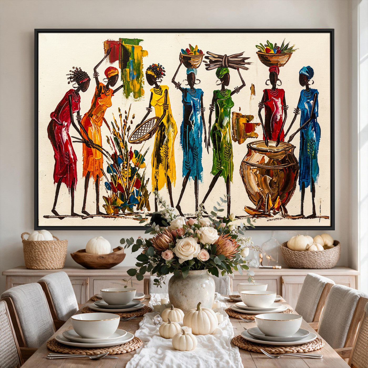 83463154-MGV-CV-36X24 - African Folk Art Canvas Wall Art, Colorful African Women Village Painting Print, Tribal Ethnic Home Decor, Vibrant African Art, Living Room