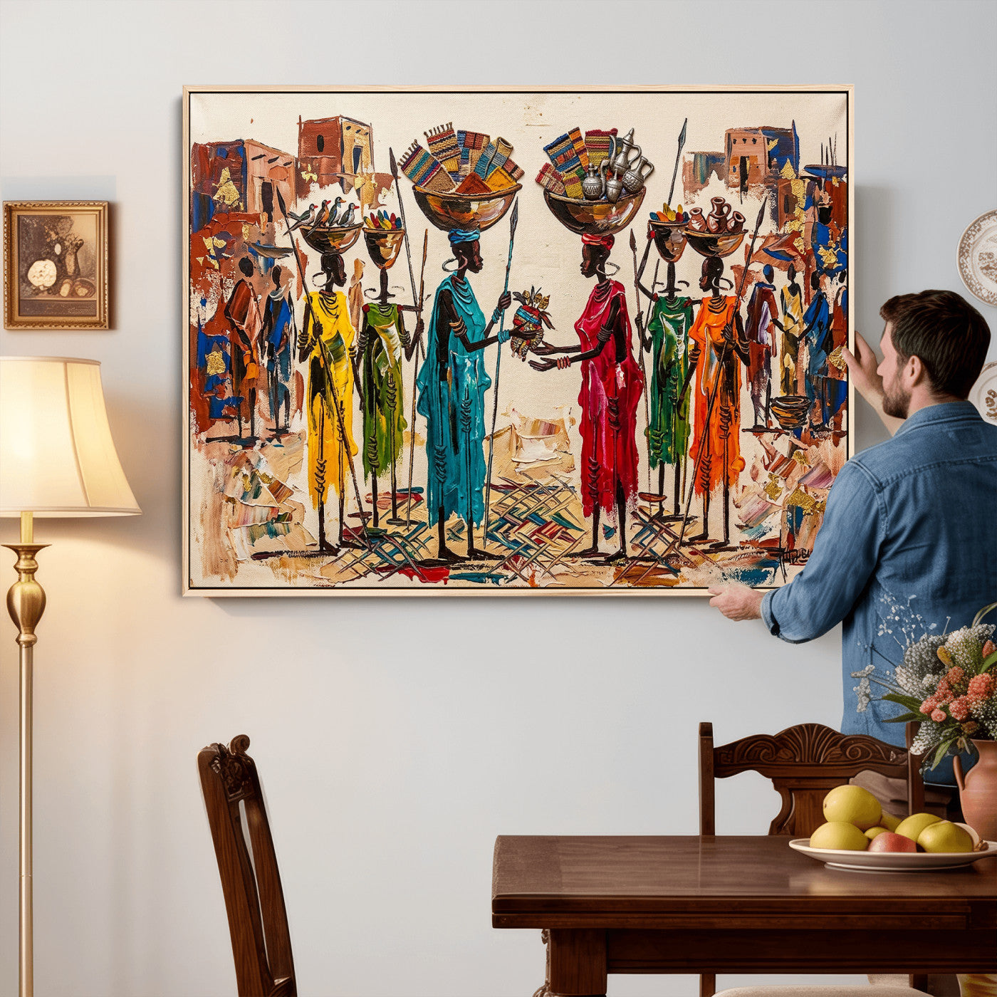54818657-MGV-CV-36X24 - African Folk Art Canvas Wall Art, Colorful African Women Village Painting Print, Tribal Ethnic Home Decor, Vibrant African Art, Living Room