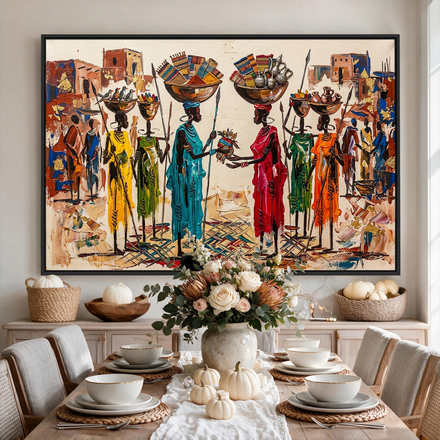 54818657-MGV-CV-36X24 - African Folk Art Canvas Wall Art, Colorful African Women Village Painting Print, Tribal Ethnic Home Decor, Vibrant African Art, Living Room