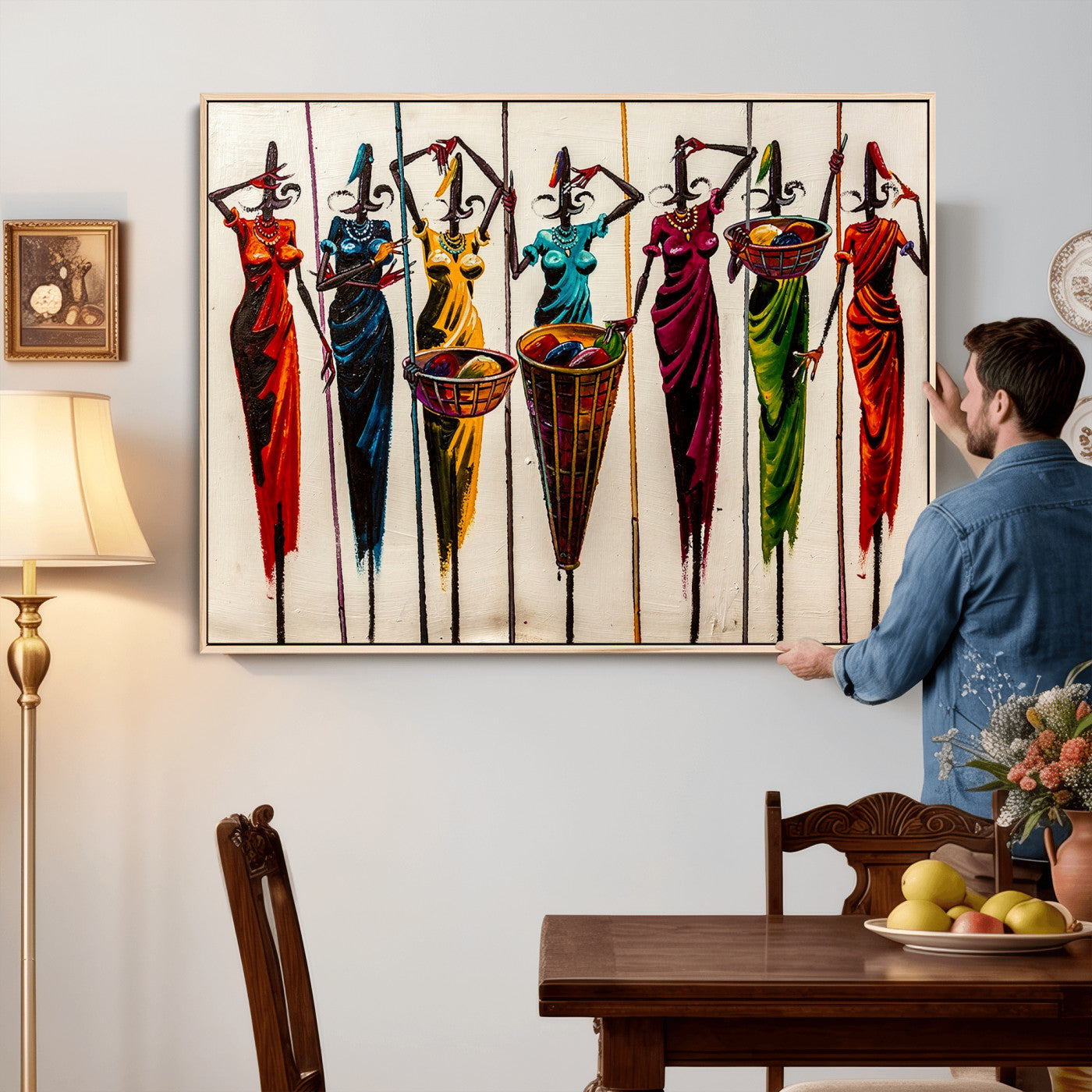 53545627-MGV-CV-36X24 - African Folk Art Canvas Wall Art, Colorful African Women Village Painting Print, Tribal Ethnic Home Decor, Vibrant African Art, Living Room