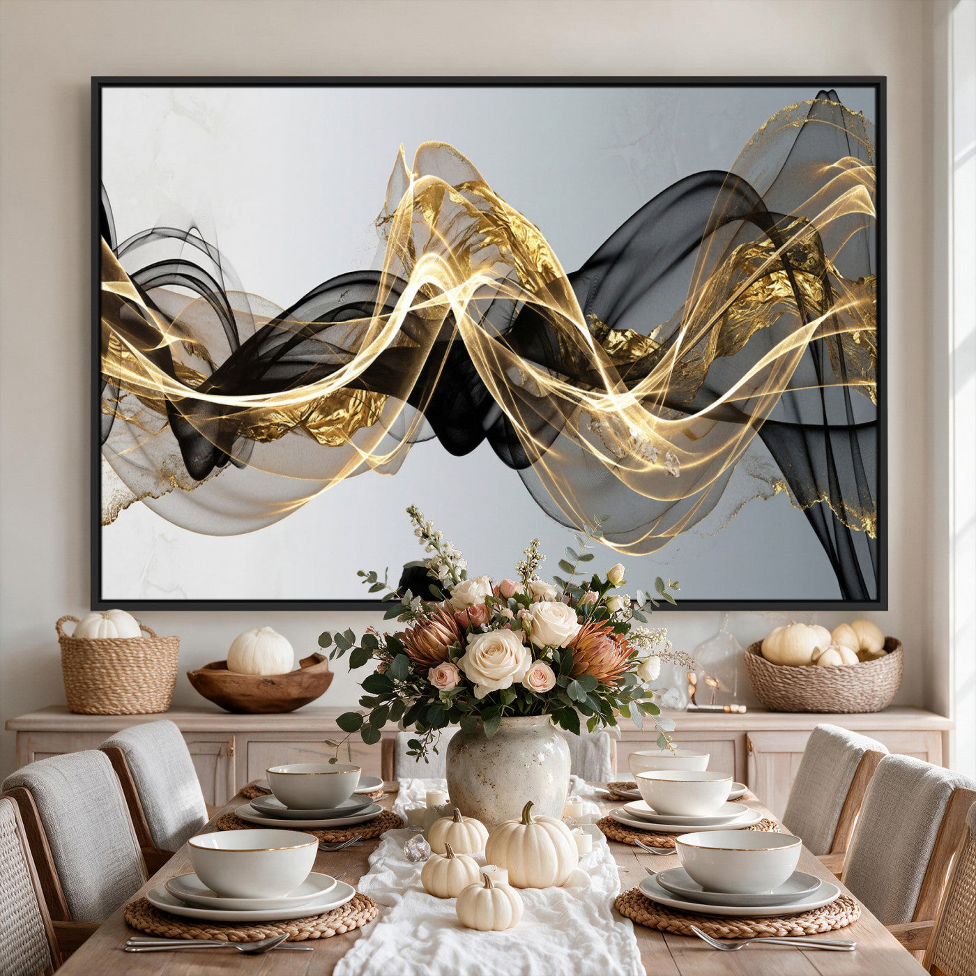 79483321DL-MGV-CV-36X24 - Black and Gold Abstract Wall Art, Modern Wave Canvas Print, Elegant Flowing Smoke Art, Luxury Living Room Decor