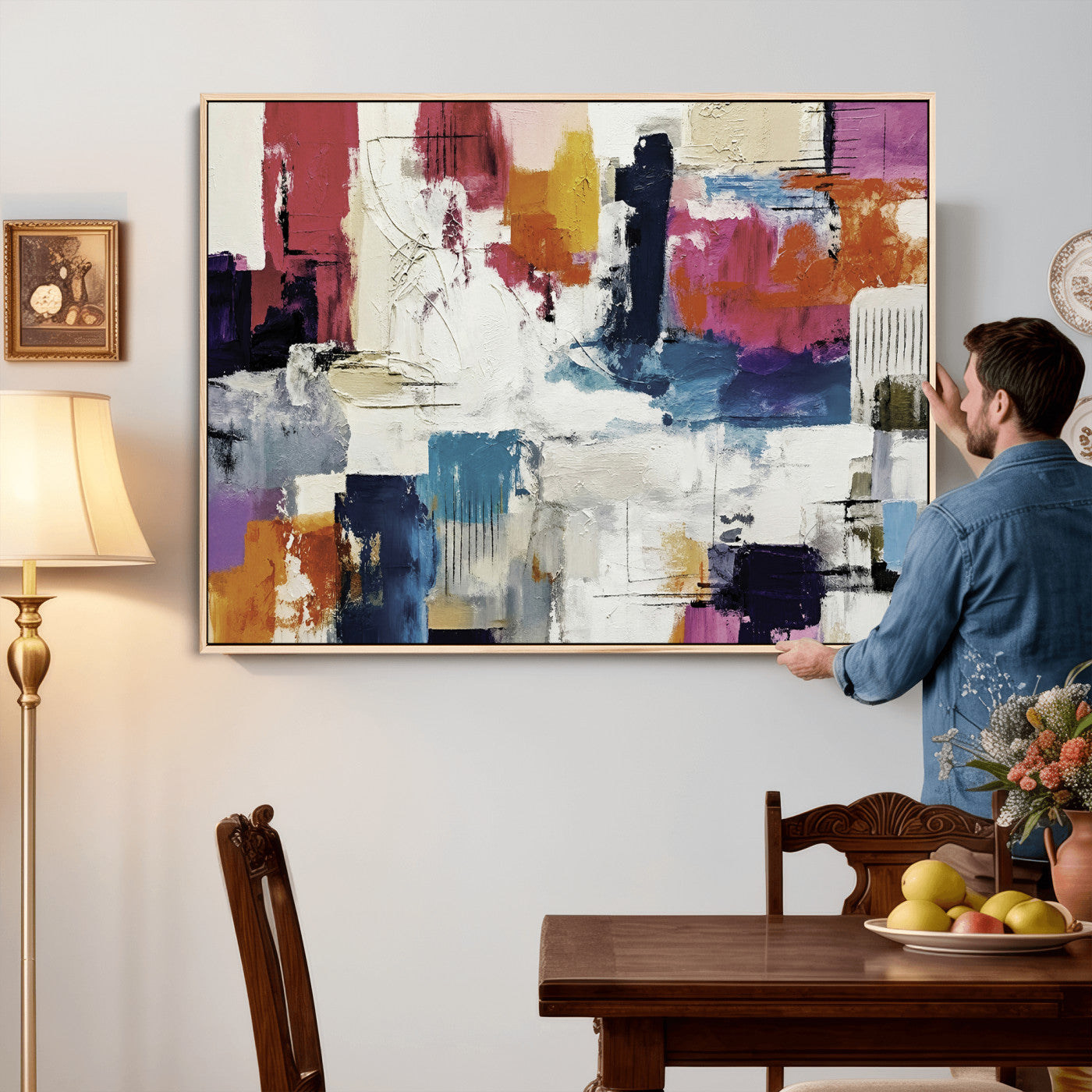 57864023-MGV-CV-36X24 - Blue Teal Abstract Canvas Wall Art, Modern Textured Painting Print, Navy Orange White Contemporary Art, Neutral Living Room Decor, Office Art
