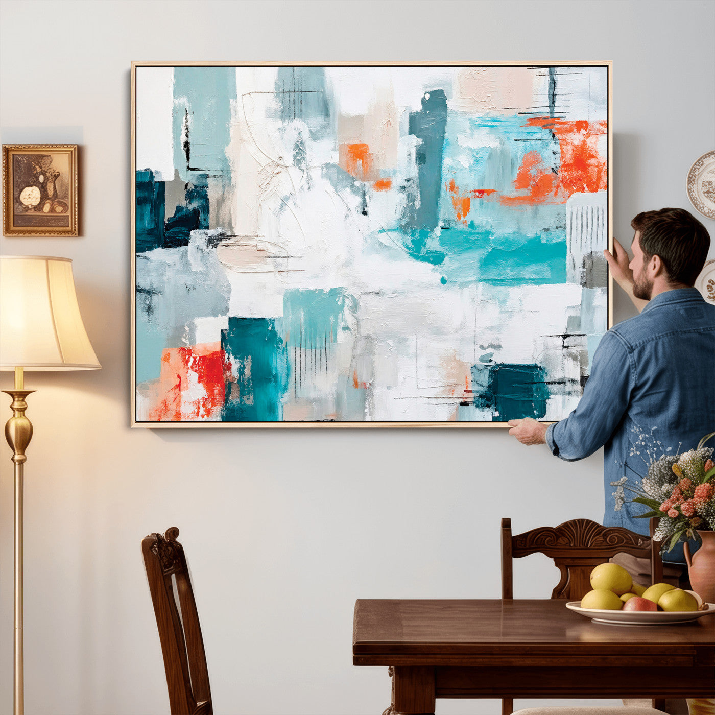 98638479-MGV-CV-36X24 - Blue Teal Abstract Canvas Wall Art | Modern Textured Painting Print, Navy Orange White Contemporary Art, Neutral Living Room Decor, Office Art