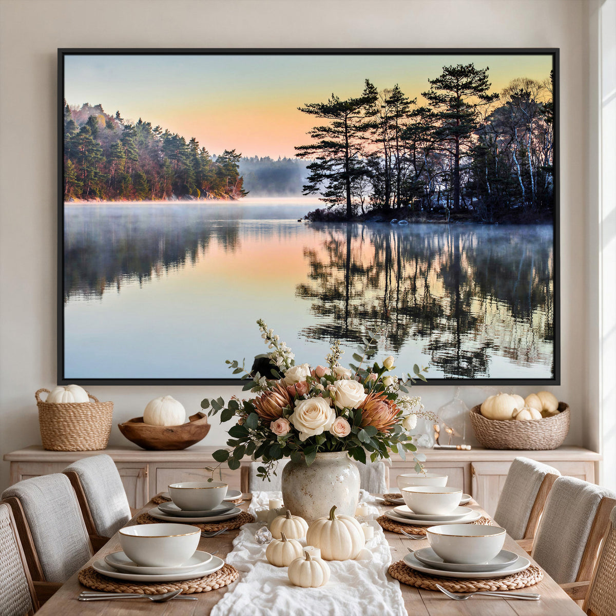 34236027-MGV-CV-36X24 - Before People Wake Canvas Wall Art Print, Misty Lake Sunrise Landscape, Forest Reflection Nature Decor, Ready to Hang