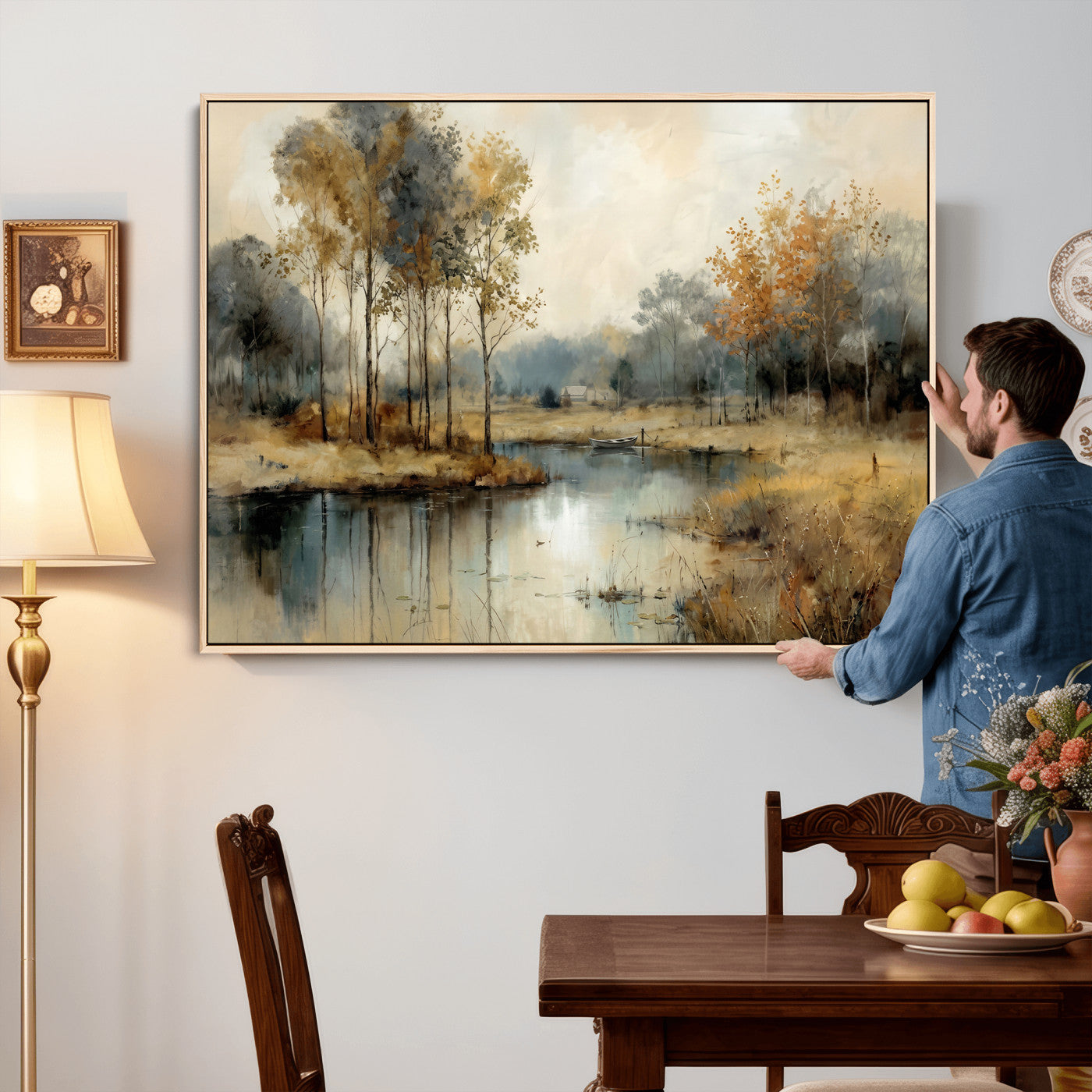 74391095-MGV-CV-36X24 - Abstract WatercolorAutumn Lake Canvas Wall Art Print, Misty Forest Landscape, Rustic Nature Painting, Cabin Wall Decor, Ready to Hang